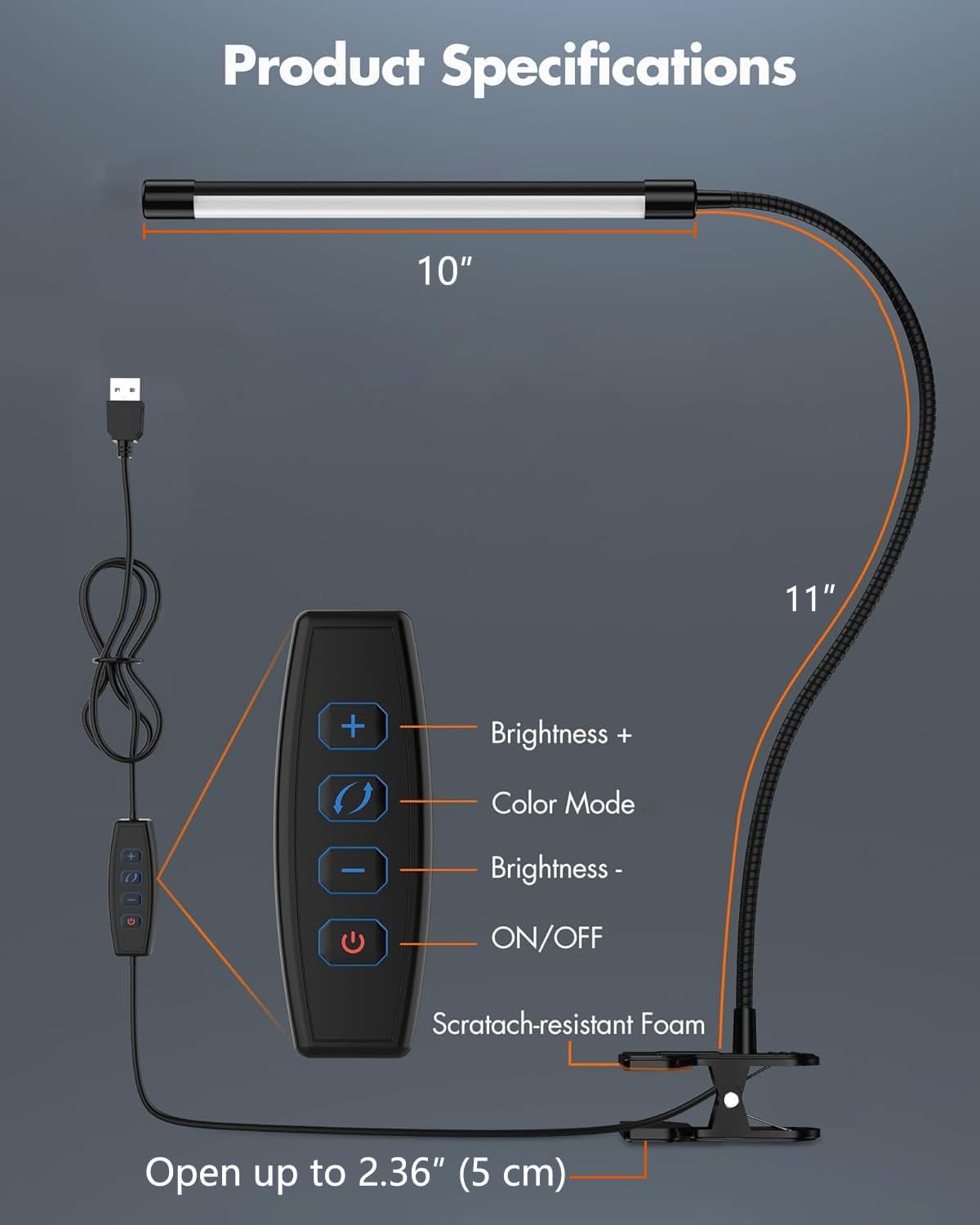 LED Desk Lamp with Clamp - Adjustable 3 Color Modes 10 Brightness Level Table Lamp, USB Eye Caring Flexible Gooseneck Desk Light for Home Office, Dorm Room, Reading, Nail, Clip On Light, Black