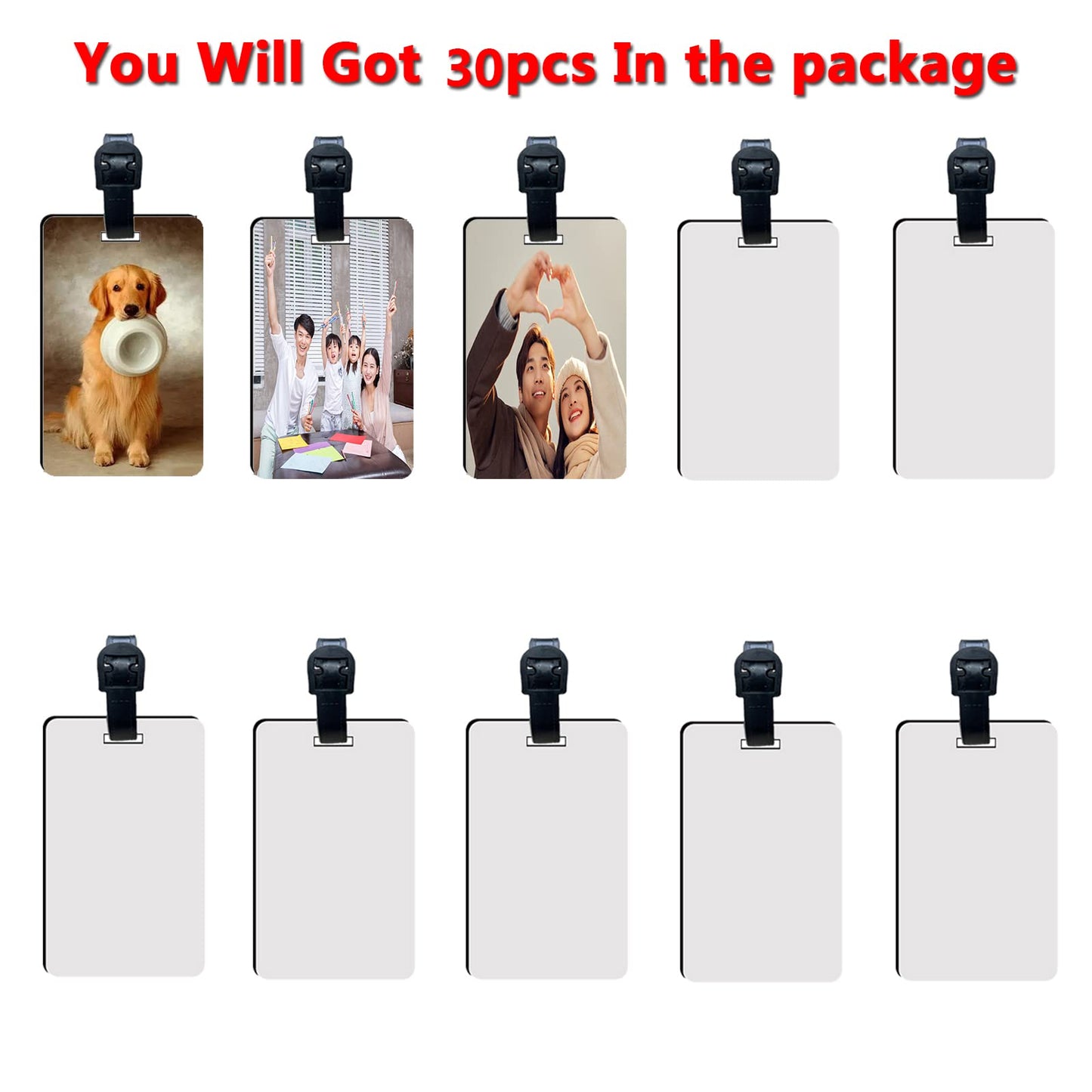 30 pcs Sublimation Luggage tag Blanks White Blank Travel Bag Tags with Strap Double Sided MDF Suitcase Label Tag with Slots Keychains Blanks
