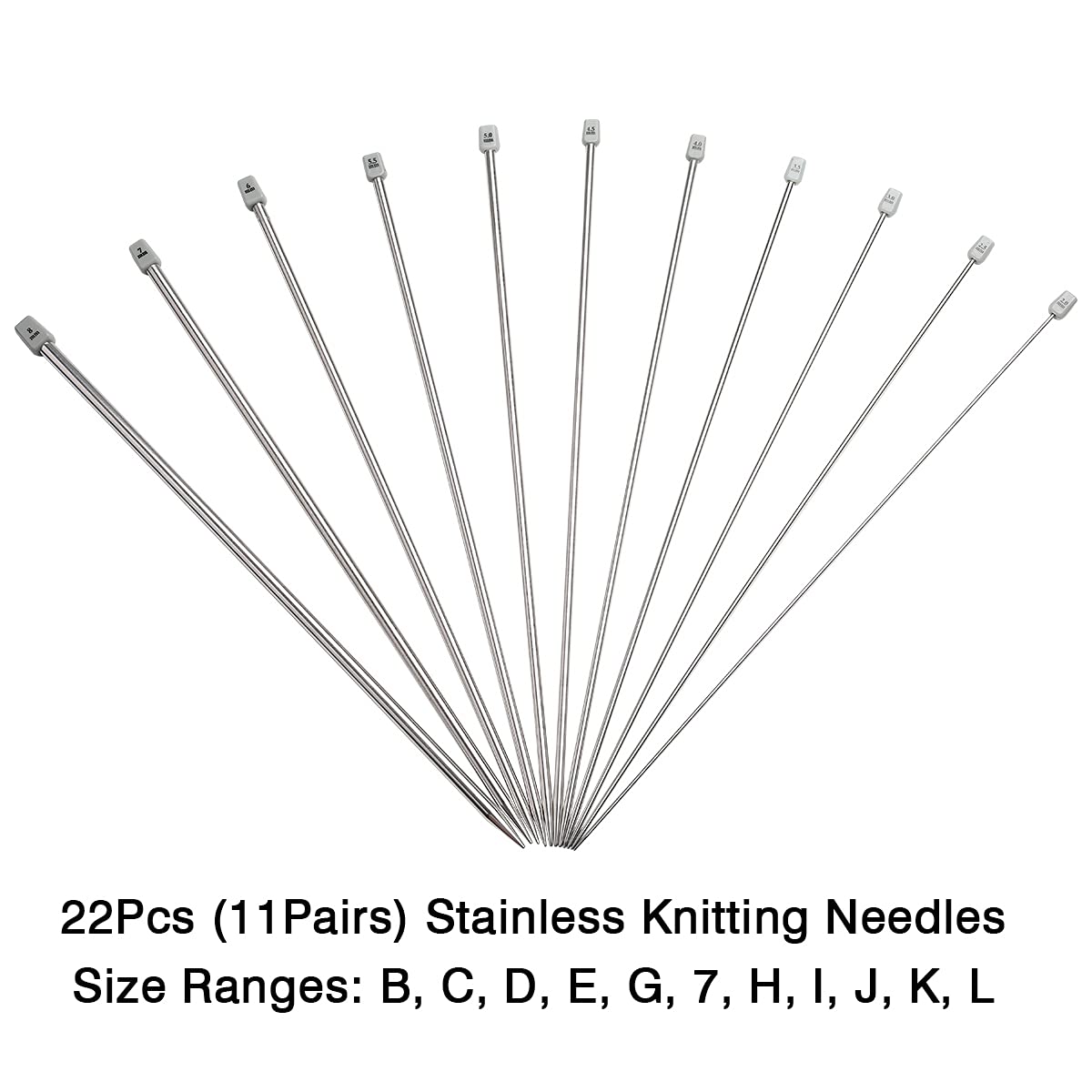 11 Pairs Knitting Needle Set, 10'' Length Stainless Steel Single Pointed Sweater Staight Needle Kit in Different Sizes, Great for Weaving or Knitting