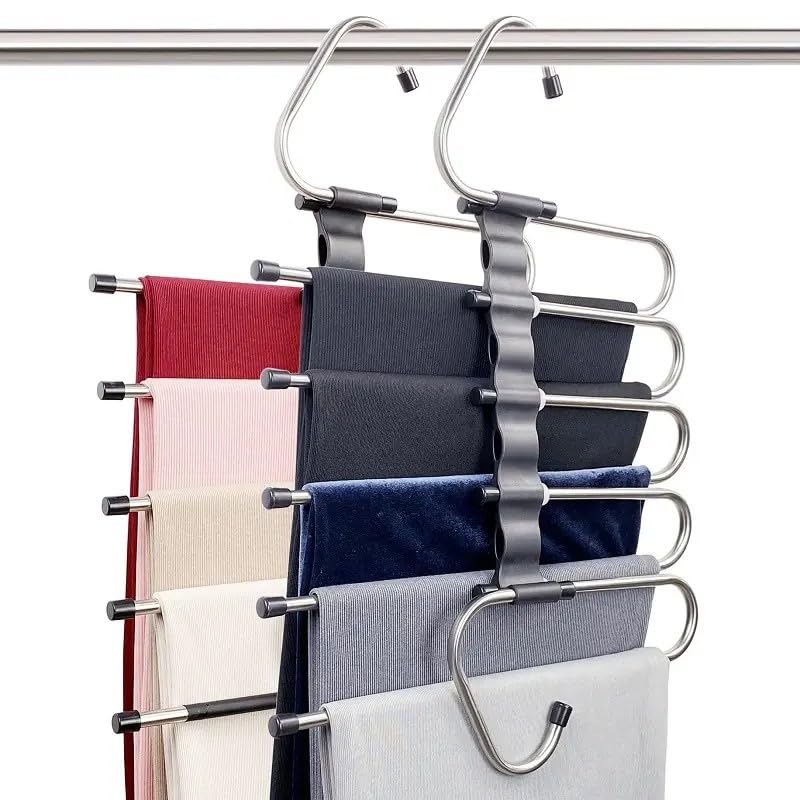 Pants Hangers Space Saving 2-Pack - 5-Tier, Non-slip, Stainless Steel Pants Organizer for Closet, Hangs Horizontally or Vertically, Multifunctional Storage for Jeans, Skirts, Scarves, Leggings, Shorts