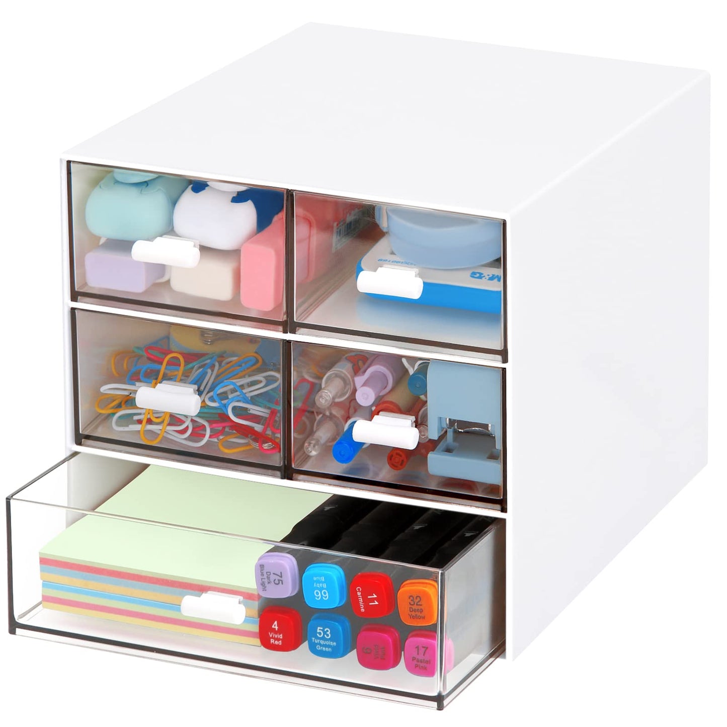 Desk Organizer with 5 Drawers, Rectangular Office Stationery Supplies Desktop Drawers, Plastic Makeup Storage, Suitable for Office, School, Home (White & 5 Drawers)