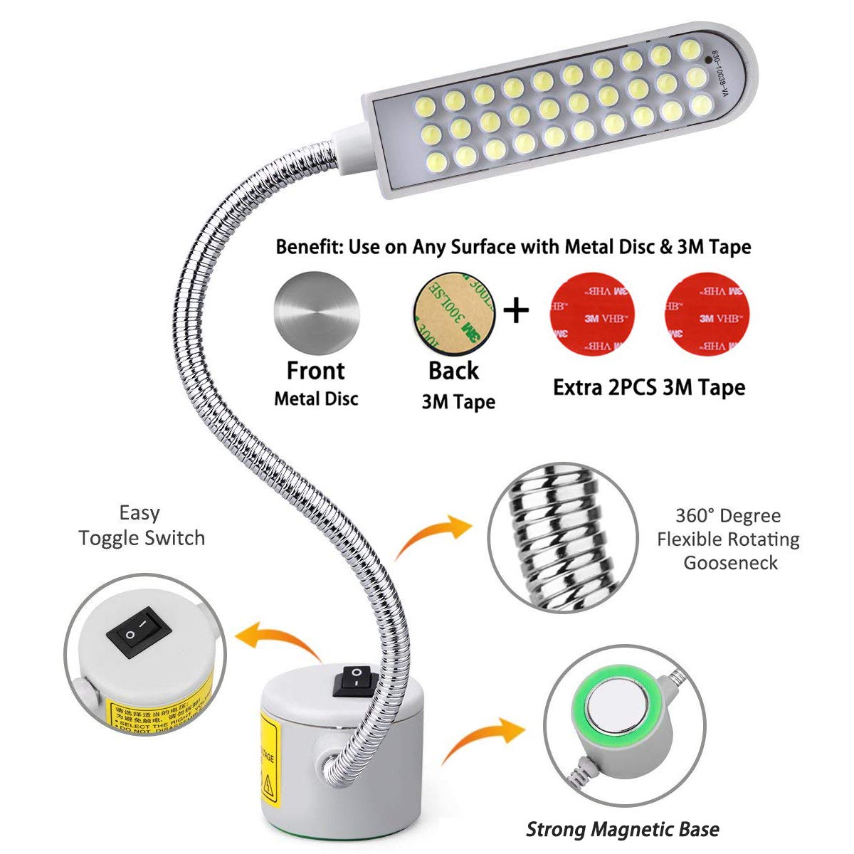Sewing Machine Light LED Sewing Lighting (30LEDs) for Workbench Lathe Drill Press Flexible Gooseneck Arm Work Lamp with Magnetic Base 2Pcs Mounting Dics + 2 Pcs 3M Sticker