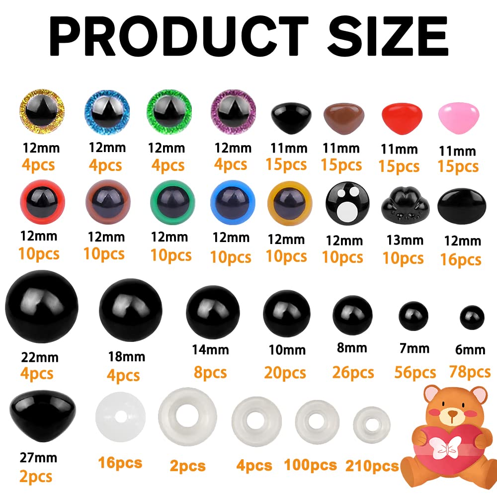 700PCS Safety Eyes for Crochet,6-22mmColorful Glitter Noses with Washers Stuffed Animals Amigurumi Craft Doll Making Teddy Bear Toy