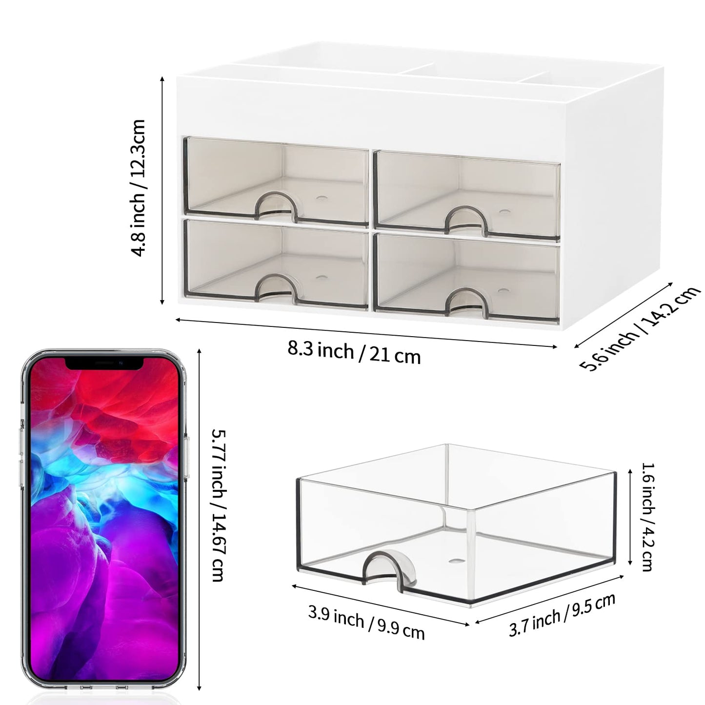 Desktop Organizer with Drawer, Accessories Stationary Organizer Desk Caddy, Pen/Pencil/Business Card/Sticky Note Tray/Paperclip Holder Storage Box (White)