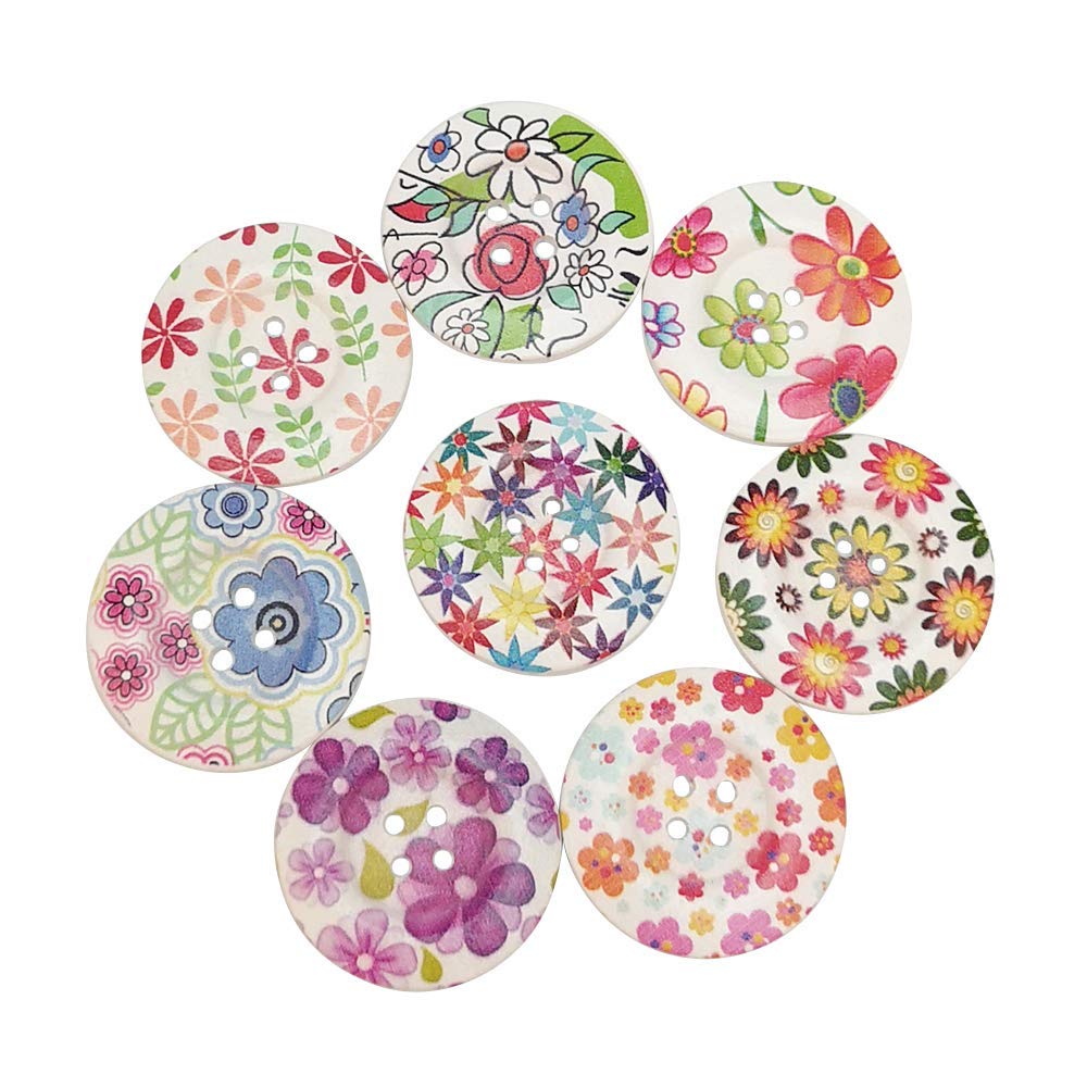 40pcs 1" (25mm) Round Flower Wood Buttons 4 Holes Craft Sewing Button (25mm)