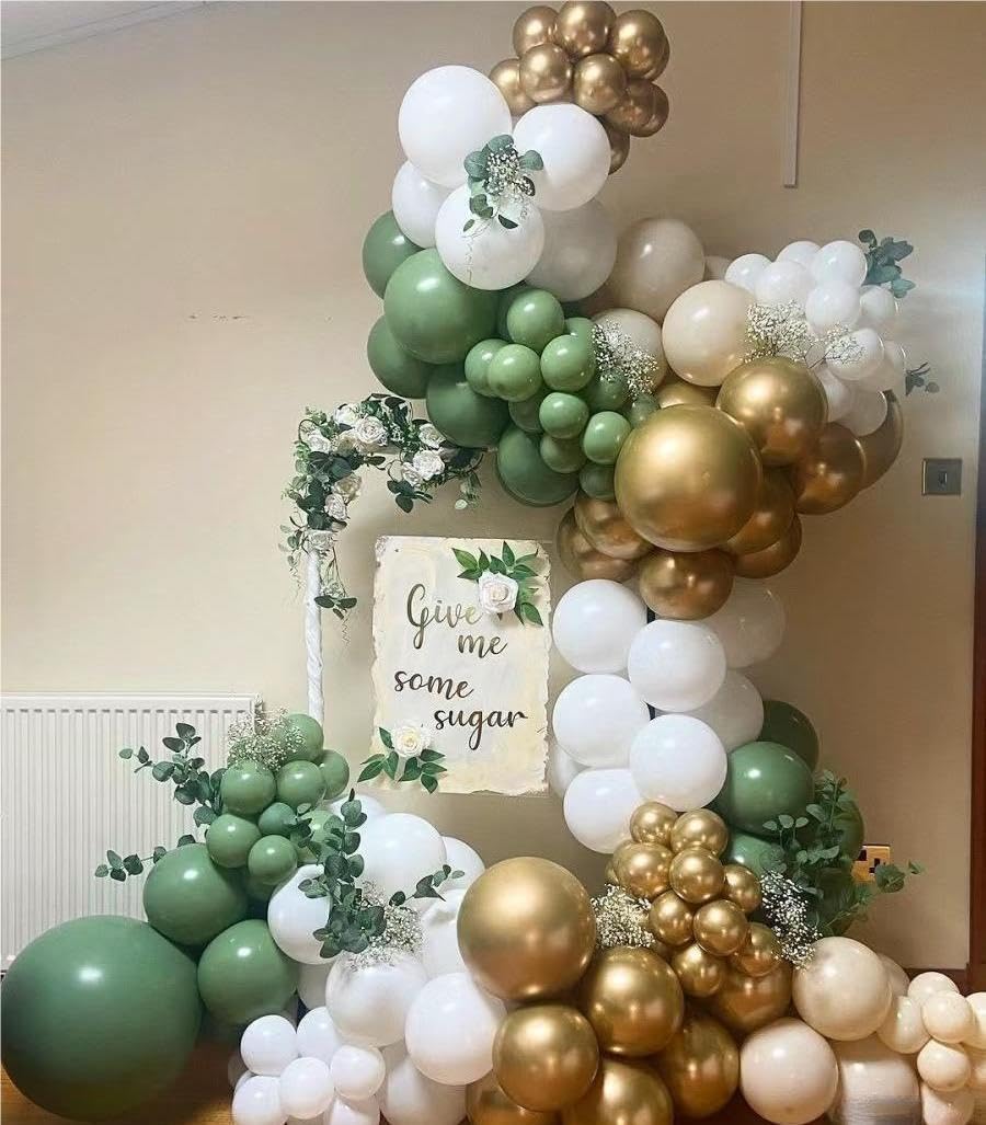 Sage Green White Gold Balloon Garland Arch Kit, 146Pcs Latex Balloons Different Sizes 18 12 10 5 Inch for Birthday Baby Shower Gender Reveal Wedding Party Decoration