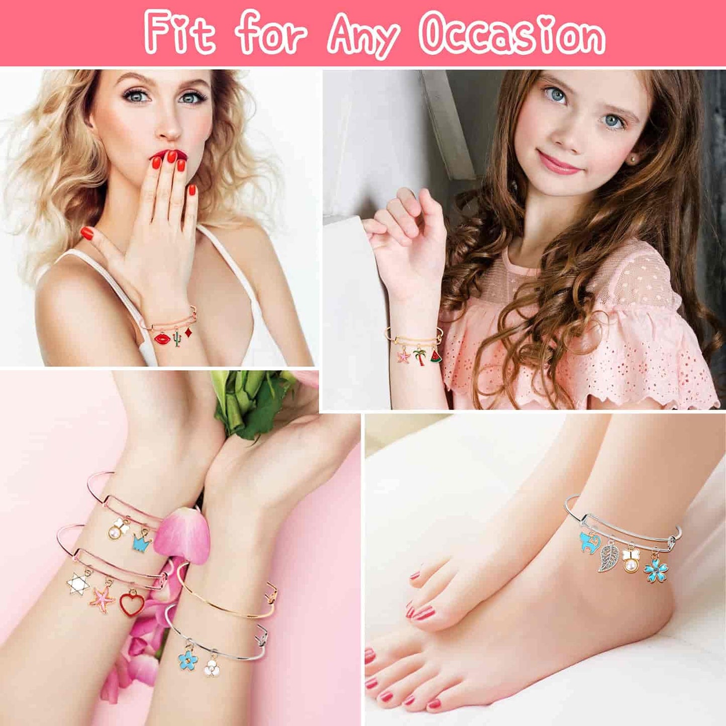 300Pcs Charm Bangle Bracelets Making Kit with Expandable Bangles, Charms, Jump Rings and Pliers for Jewelry Making Bangle Bracelets (with Gift Box and Tools)