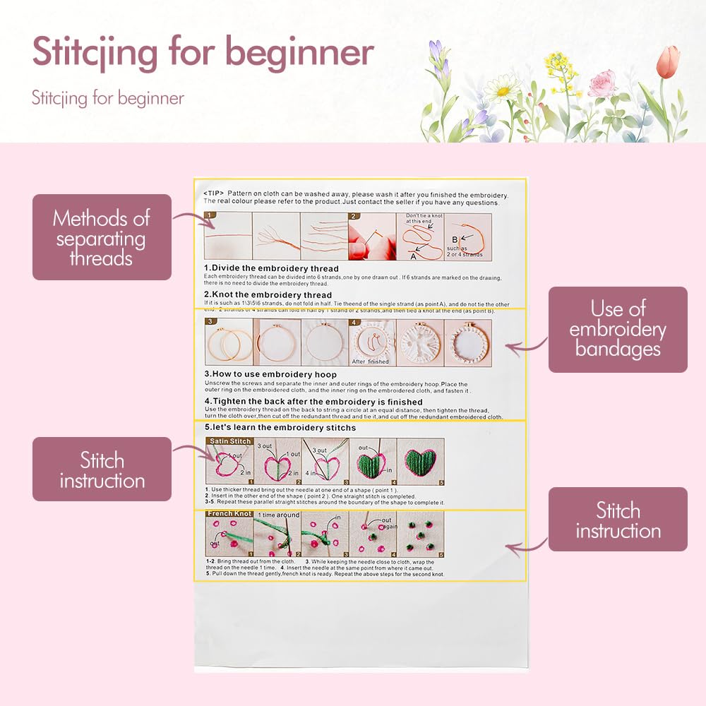 Embroidery Kit, 4 Sets Cross Stitch Kits for Beginners with Stamped Flower Pattern, Starter Kits for Adults Hand Craft Lover with Embroidery Hoop, Instructions and Threads