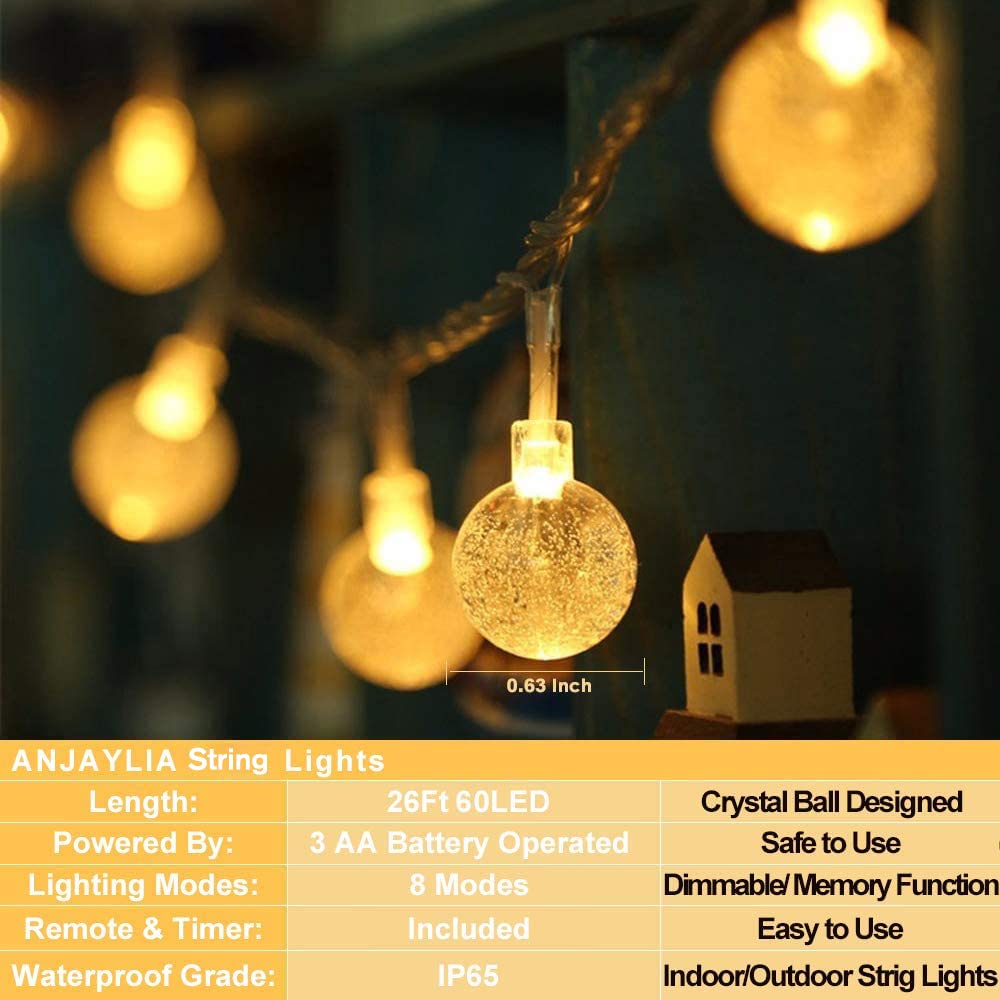60 LED Globe String Lights, Battery Operated Fairy Lights with Remote for Kids Room Dorm Classroom Outdoor Christmas Tree Decor, Warm White