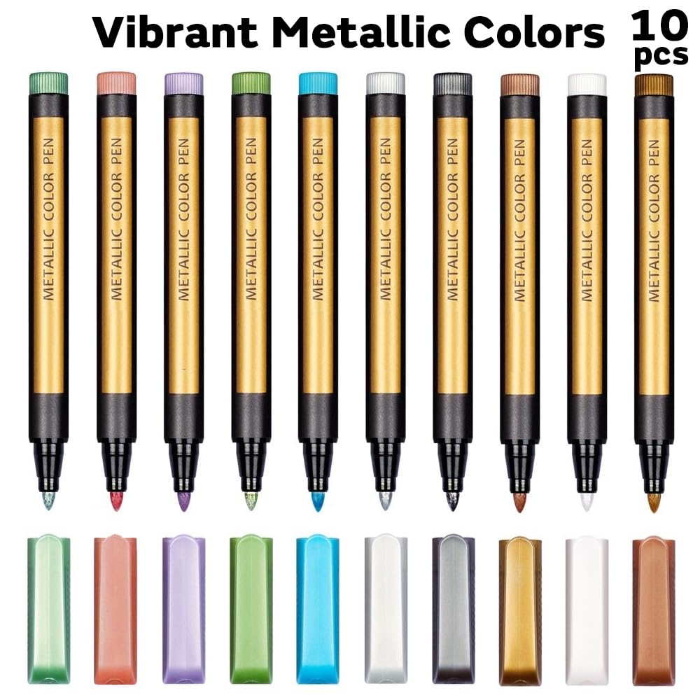 Metallic Marker Pens - Set of 10 Medium Point Metallic Markers for Rock Painting, Black Paper, Card Making, Scrapbooking Crafts, DIY Photo Album