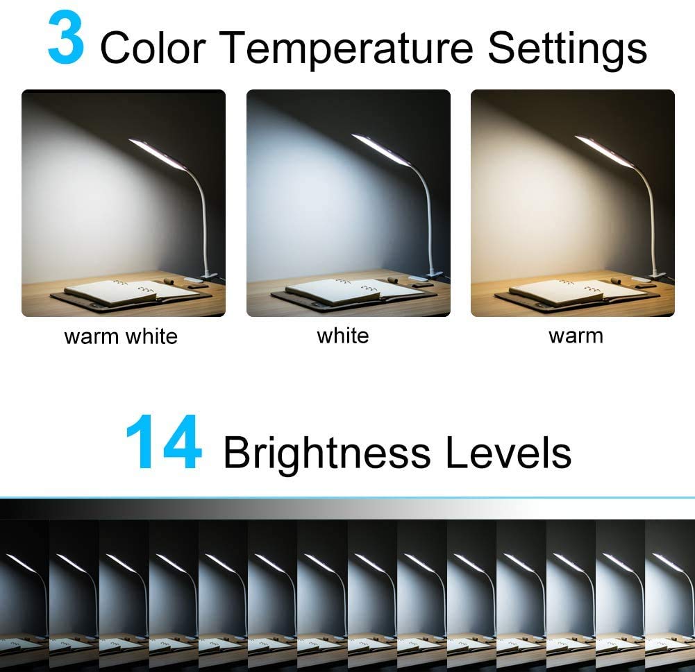 LED Desk Lamp, 5W USB Clip on Light Eye-Caring Reading Clamp Table Lamp with 48 LEDs Flexible Gooseneck, 3 Color Modes and 14 Brightness Levels for Office Bedroom Study (Black)