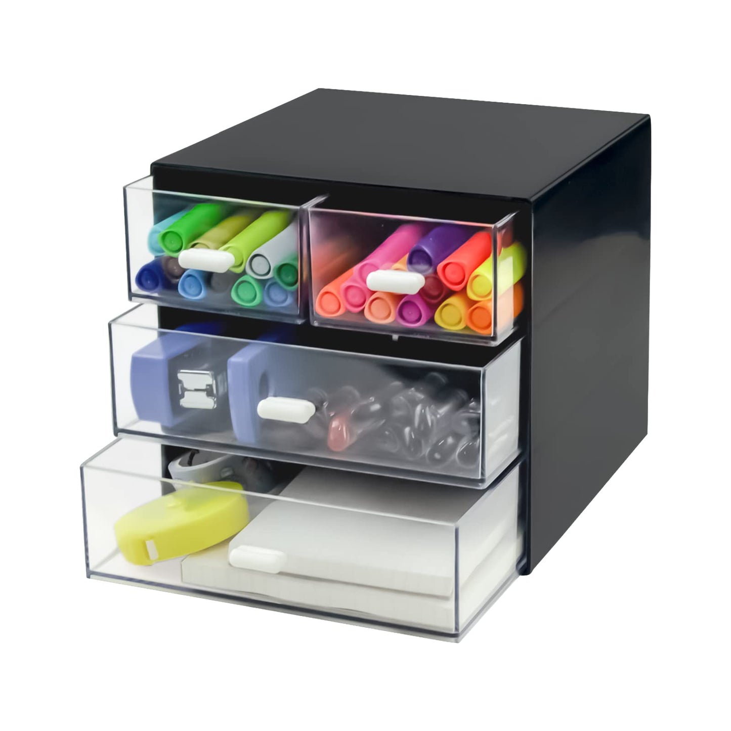 Desk Organizer with Drawer, Desk Storage Box, Plastic Office Stationery Supplies Organizers, Desktop Organizer for Office School Home (4 drawer, Black)