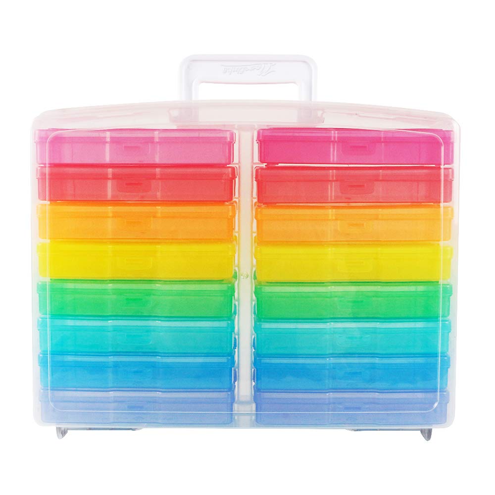 Transparent 4" x 6" Photo Cases and Clear Craft Keeper with Handle - 16 Inner Cases Plastic Storage Container Box (Multi-colored)