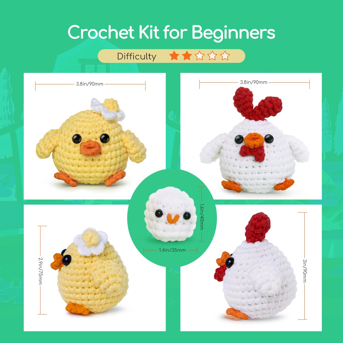 Beginners Crochet Kit, Amigurumi Crochet Animal Kit, Easy Learn to Crochet with Step-by-Step Video Tutorials, 3PCS The Chick Family for Kids & Adults