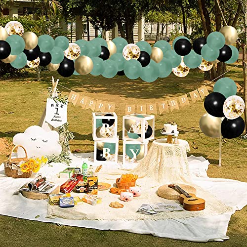 Sage Green Black Gold party Balloons, 50pcs 12 Inch Retro Sage Green Black Metallic Gold Confetti Balloons with Ribbon for Birthday Baby Shower Decorations (GreenBlack50pcs)