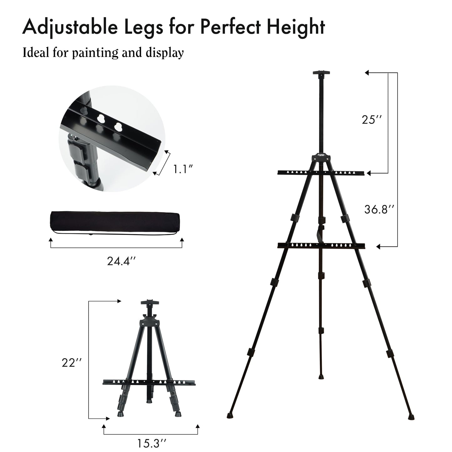 Easel for Painting, Double-Tier Easel Stand, Adjustable Height from 22-66 Inches, Tripod for Painting and Display with Carrying Bag, 66 Inches, Black