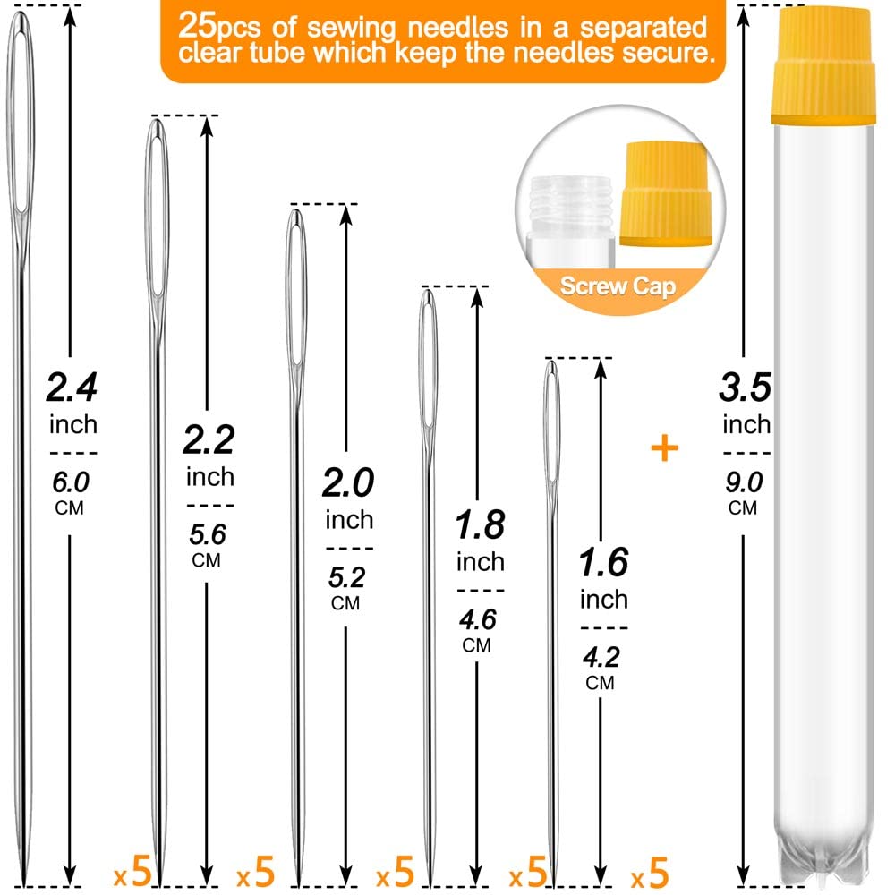Premium Large Eye, Large Gauge Needles for Hand Sewing - Assorted Sizes, Including Embroidery - 25/50 PCs with 2 Threaders