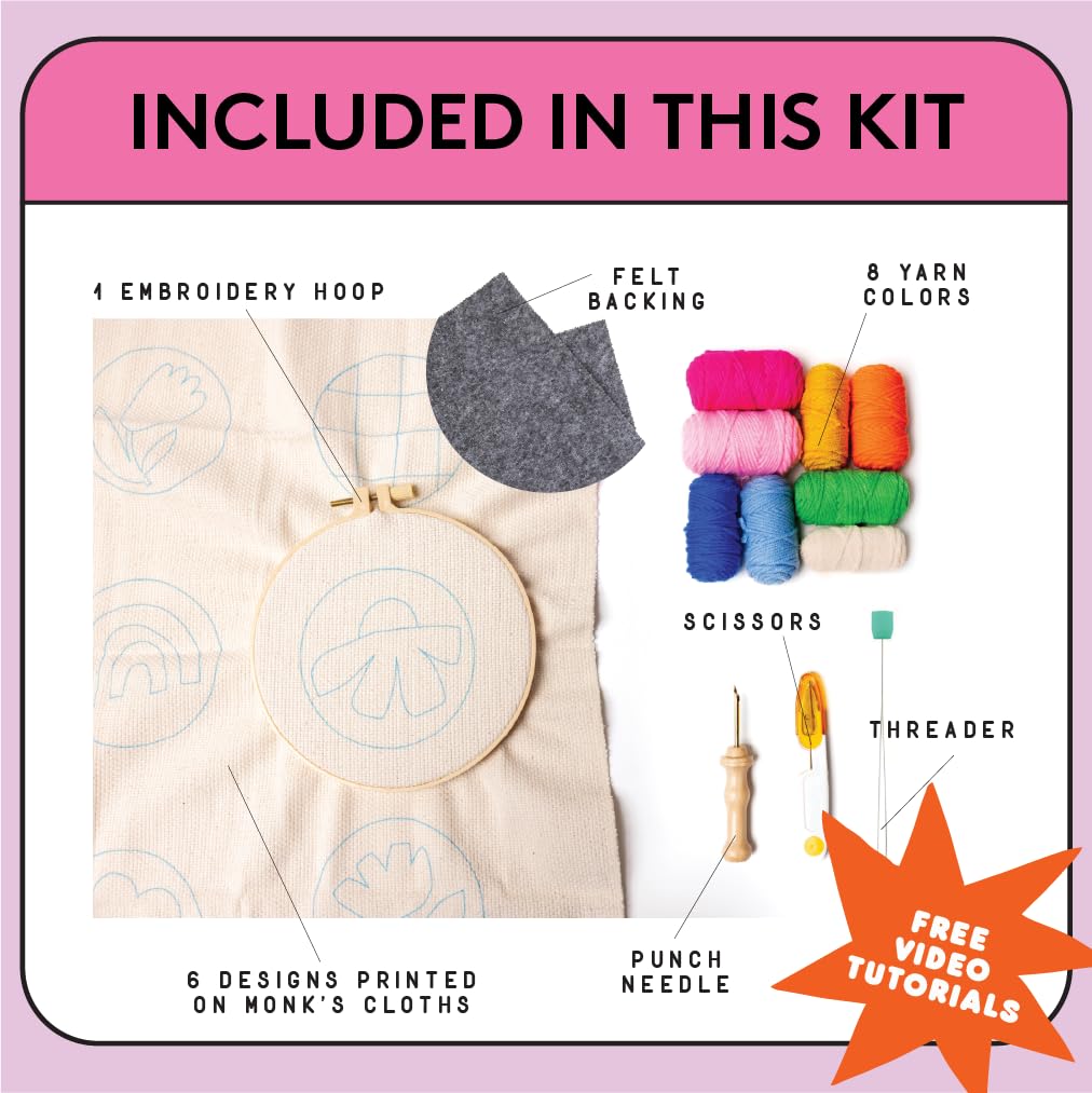 Punch Needle Kit, Set of 6 Coasters, Includes Beginner Video Tutorials and Instructions, Beginner Punch Stitch for Adults, Mug Rug Punch Needle Kit,