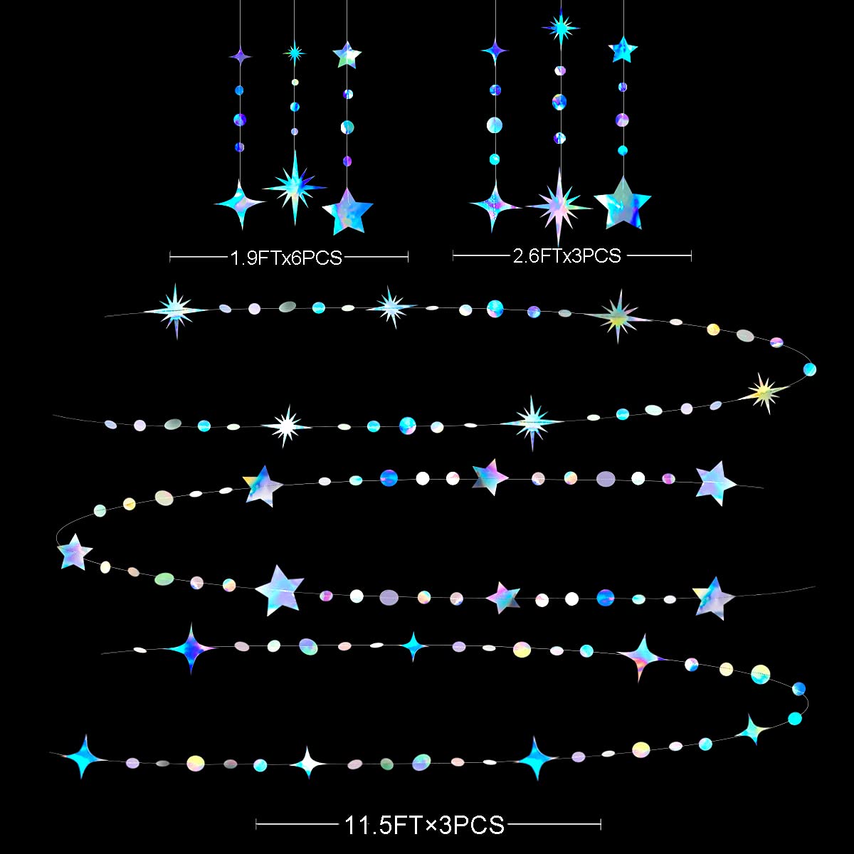 Iridescent Party Decorations Star Circle Dot Paper Garland Banner Bunting Streamer Metallic Hanging Twinkle Star Decoration for Kids Birthday Baby Shower Wedding Festival Engagement Bling Bling Decor