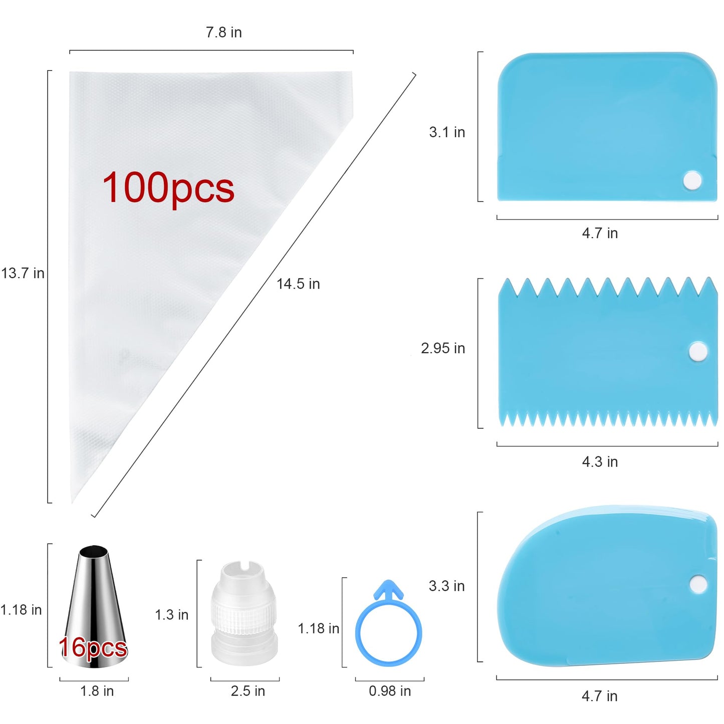 Piping Bags and Tips Set, Cakes Decorating Supplies Kit with 100pcs 12 Inch Pastry Bags, 16 Piping Tips, 3 Cake Scraper, 2 Couplers, 2 Bag Ties, Simple and Convenient Baking Supplies Set