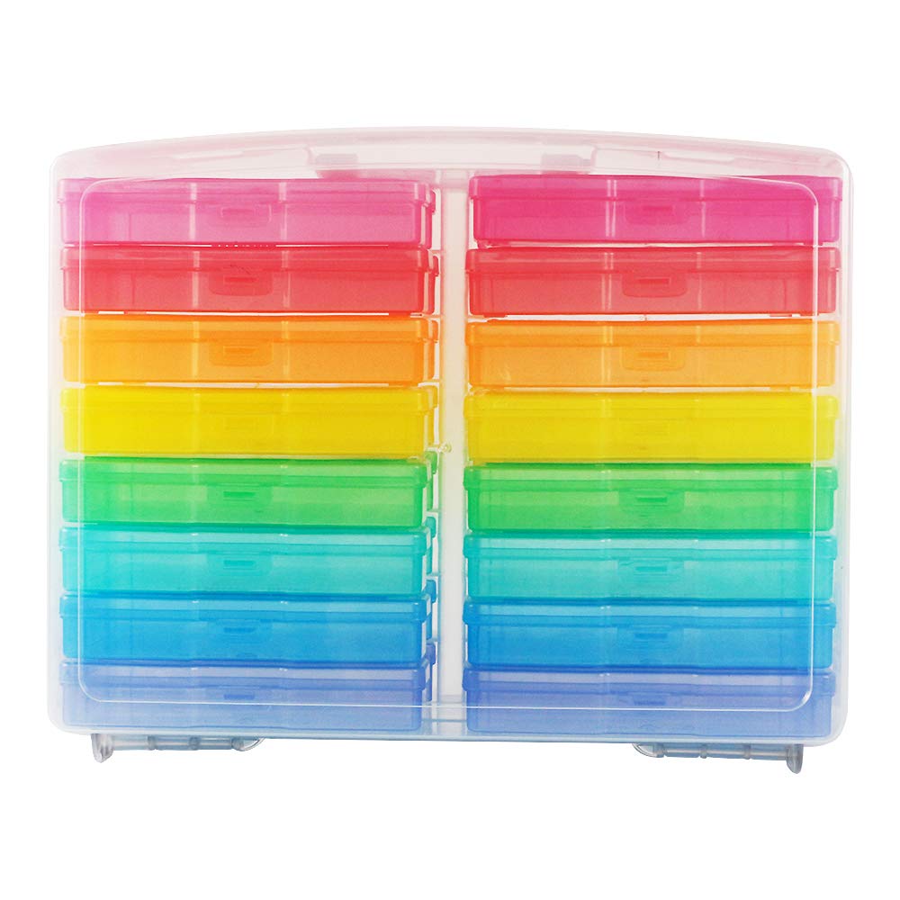 Transparent 4" x 6" Photo Cases and Clear Craft Keeper with Handle - 16 Inner Cases Plastic Storage Container Box (Multi-colored)
