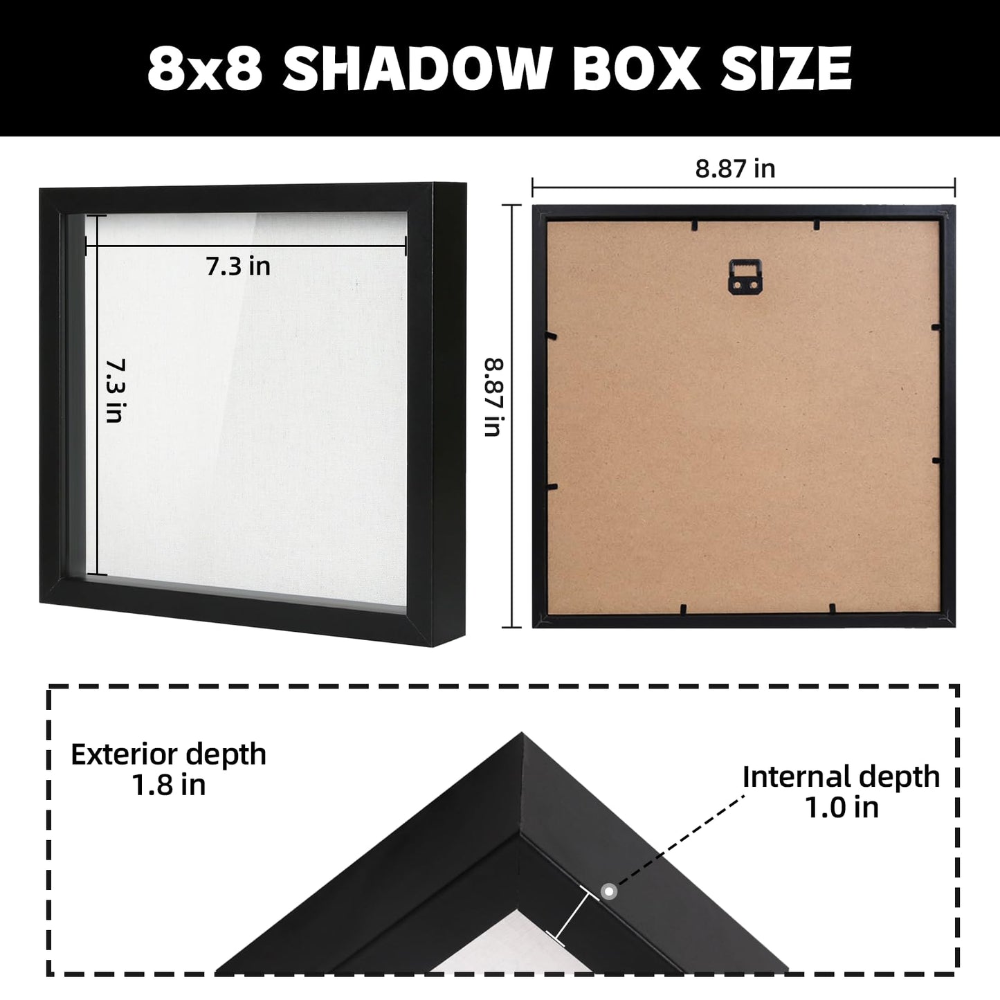 8x8 Shadow Box Picture Frame with Linen Board - Deep Wood & Glass Display Case Ready to Hang Memory Box Baby Sports Memorabilia, Pins, Awards, Medals, Wedding, Tickets and Photos (Black)