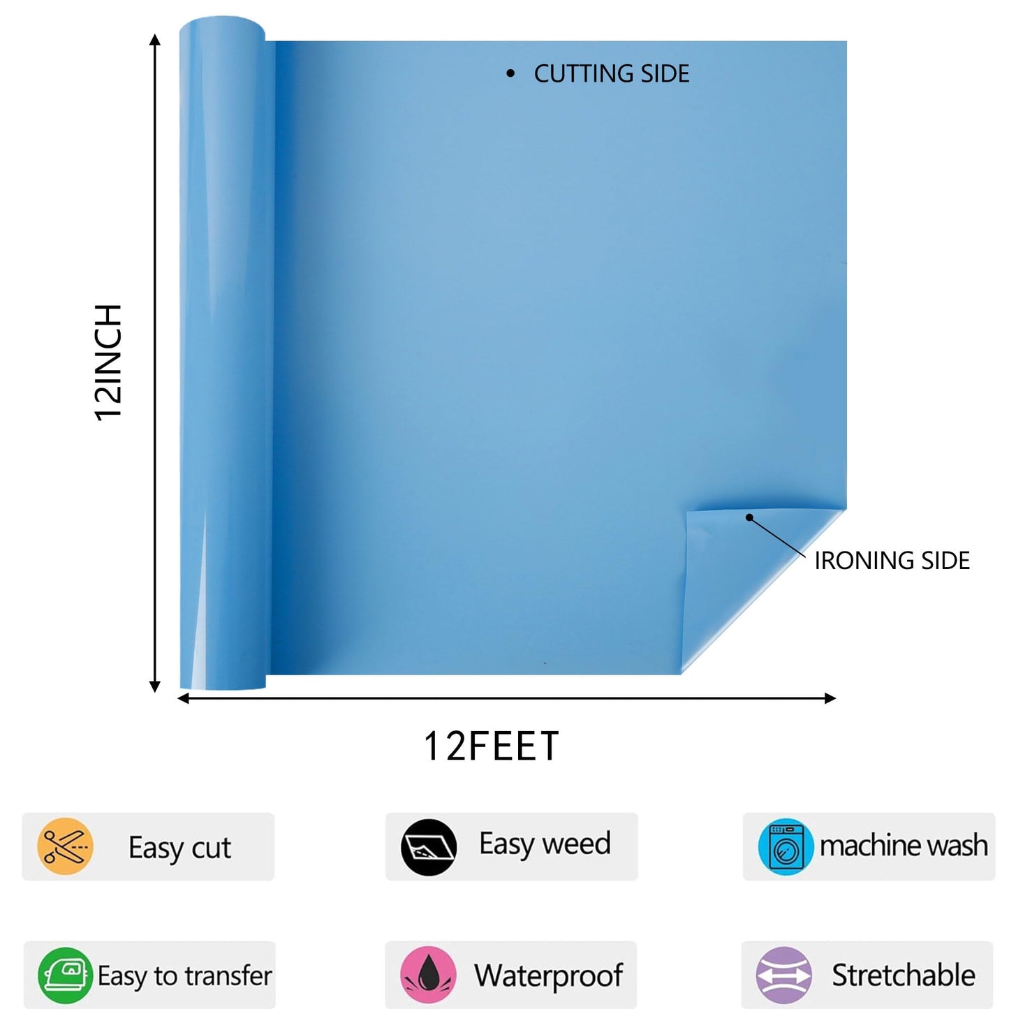 HTV Iron on Vinyl 12Inch by 12ft Roll Heat Transfer Vinyl for T-Shirt HTV Vinyl Rolls for All Cutter Machine - Easy to Cut & Weed for Heat Transfer Design (12ft, Sky Blue)