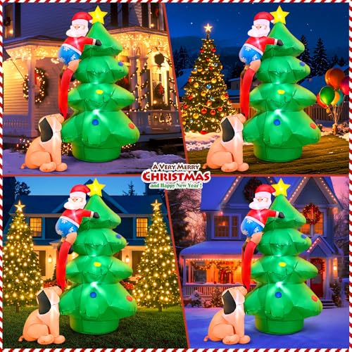 6 FT Christmas Inflatable Santa Claus with Tree Outdoor, Inflatable Christmas Tree Outdoor Decoration, Blow Up Santa Built-in LED Lights for Holiday Xmas Party Indoor Garden Lawn Yard Decorations