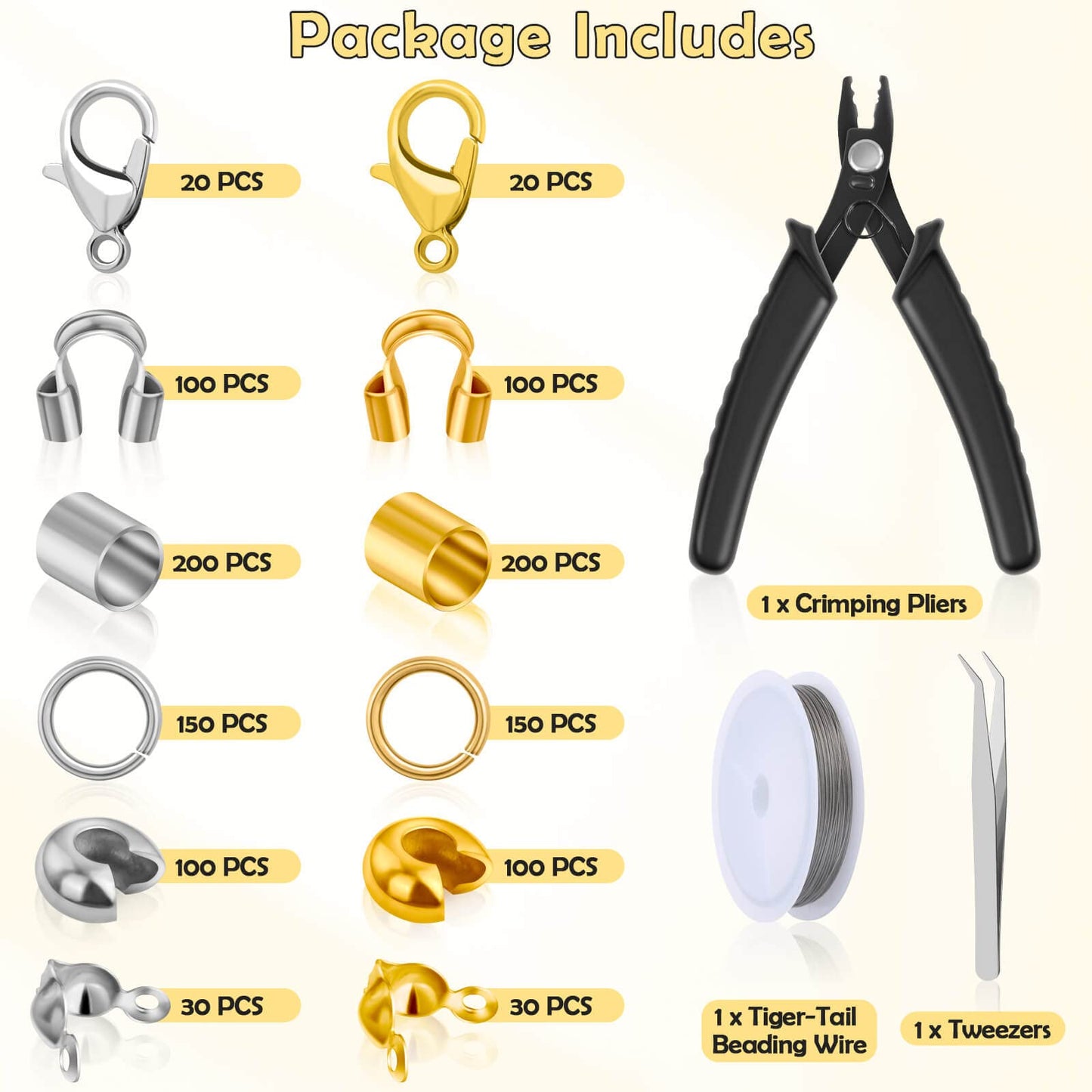 1200 Pcs Crimp Beads Kit for Jewelry Making, Crimp Beads, Crimp Covers, Crimp Tubes and Wire Guardians, Lobster Clasps, Jump Rings, Crimping Pliers and Beading Wire for Jewelry Making