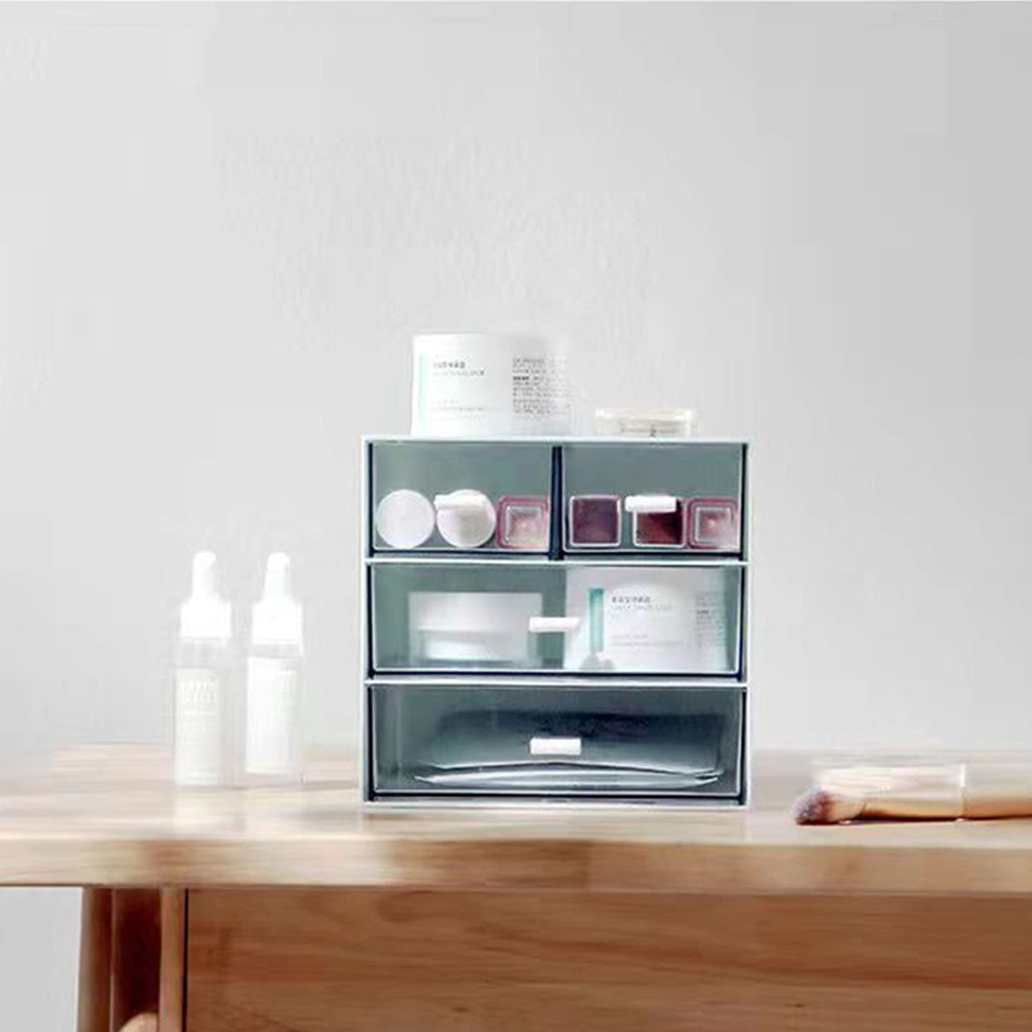 Desk Organizer with Drawer, Office Organizer with 4 Drawers, Desk Storage Box for, Desktop, Dressing table, Office, School, Home, Plastic Box and 4 Acrylic Drawers(Blue)