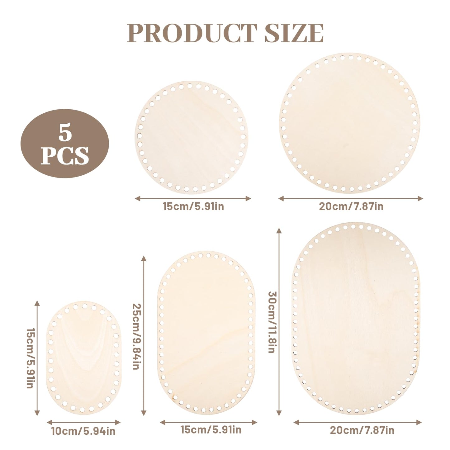 5Pcs Wooden Basket Bottom, 5 Sizes Oval Circle Blank Crochet Basket Wood Base, Basket Making Supplies Basket Bottoms for Crochet Base, Basket Weaving Supplies Knitting Basket