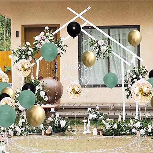 Sage Green Black Gold party Balloons, 50pcs 12 Inch Retro Sage Green Black Metallic Gold Confetti Balloons with Ribbon for Birthday Baby Shower Decorations (GreenBlack50pcs)