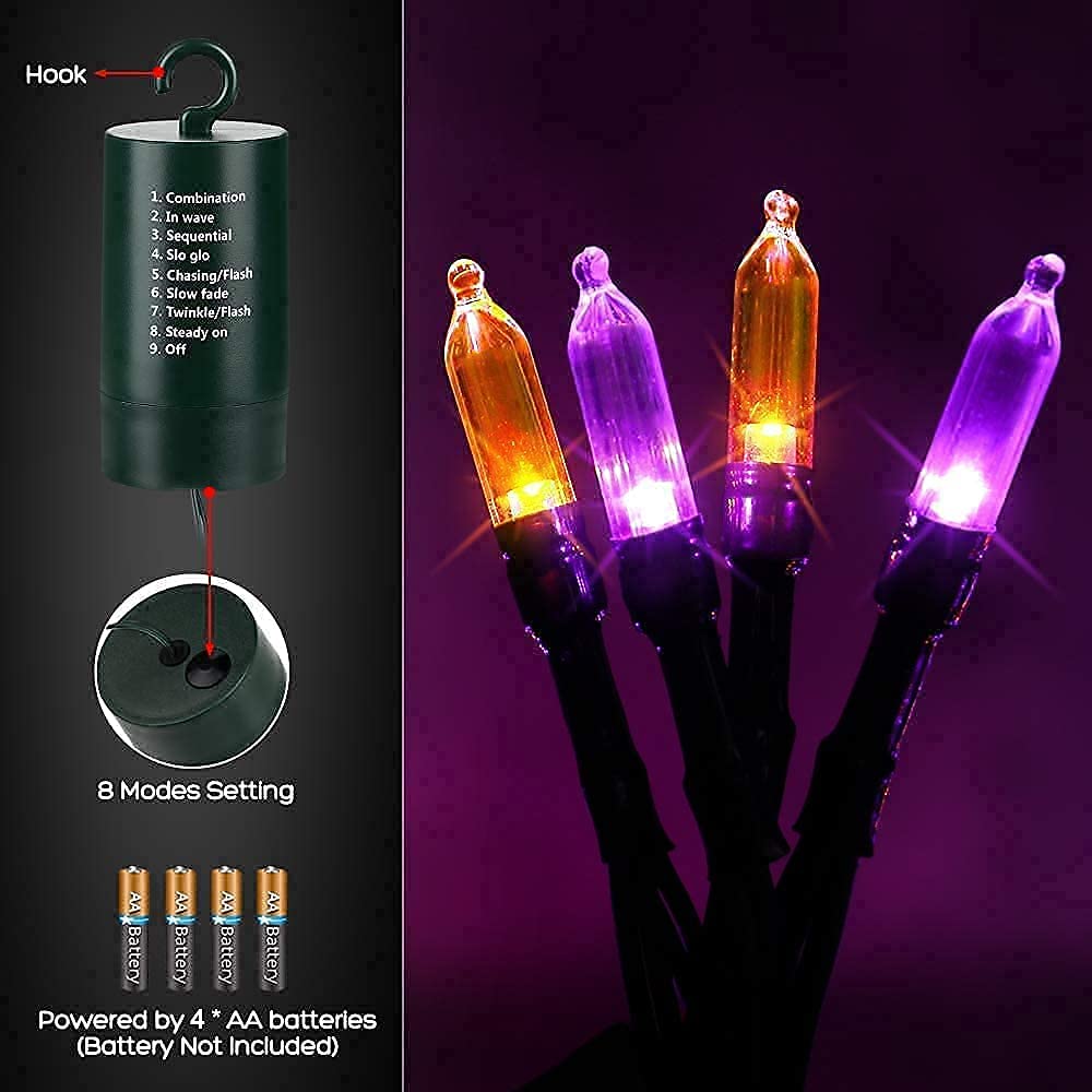 Orange Purple Halloween Lights,Battery Operated 33ft 100 LED Mini String Lights Waterproof Halloween Lights with 8 Modes & Timer Function for Halloween Decorations