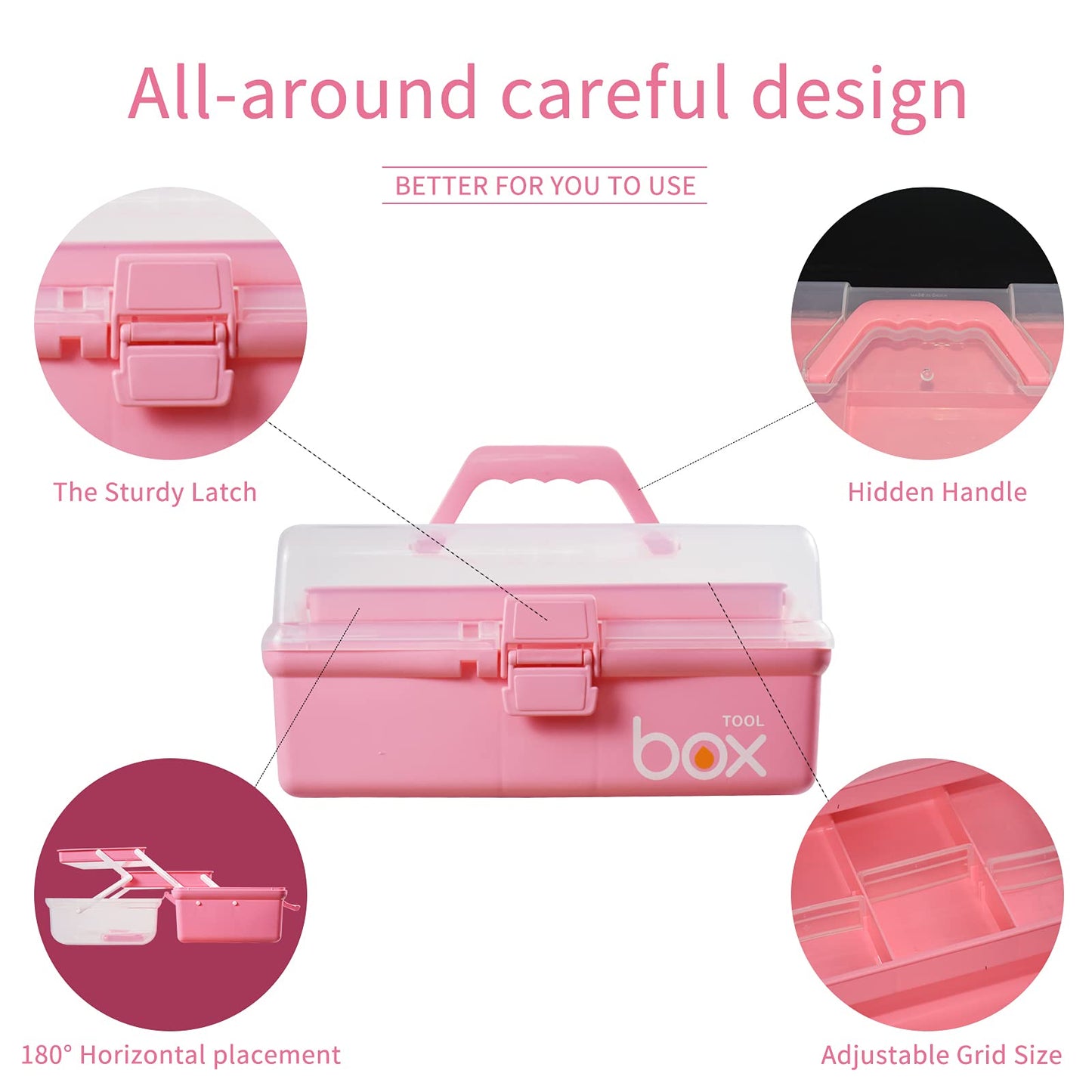 12in Three-Layer Multipurpose Storage Box Organizer Folding Tool Box/Art & Crafts Case/Sewing Supplies Organizer/Family First Aid organizer/Medicine Storage with 2 Trays (Pink)