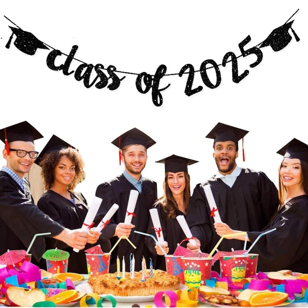 2025 Graduation Banners Party Decorations, Black Class of 2025 with Hat Graduation Banners Garland for Congratulation Graduations Party Supplies, School, Home, Car Decorations