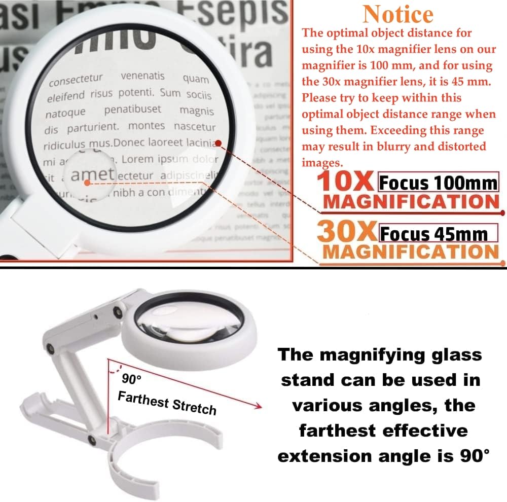 30X 10X Magnifying Glass with Light and Stand, Foldable Handheld Magnifying Glass & 2 Level Dimmable for Macular Degeneration, Seniors Reading, Close Work, Coins, Jewelry, Powered by Battery or USB