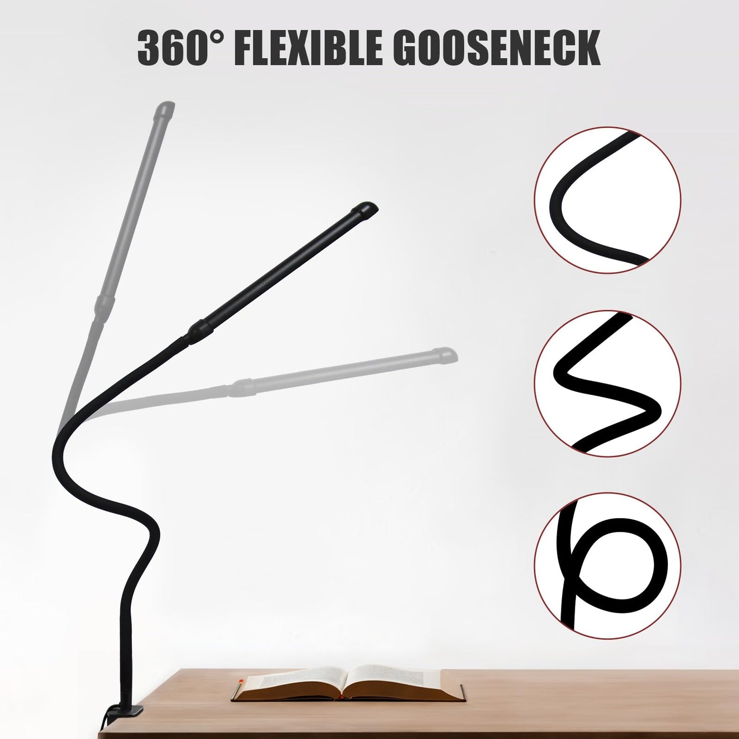 LED Desk Lamp with Clamp, Clamp Light with 30 Adjustable Color Modes, Clip on Light with Long Flexible Gooseneck, Eye Care Lamp Clamp for Study, Work, Home, Office, Black, 12W