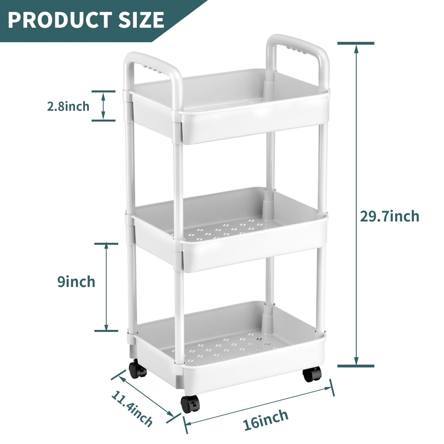 3 Tier Rolling Cart, Plastic Diaper Cart Organizer with Wheels, Roller Cart for Diapers, Baby Nursery, Kitchen, Bathroom, Living Room and Bedside, White
