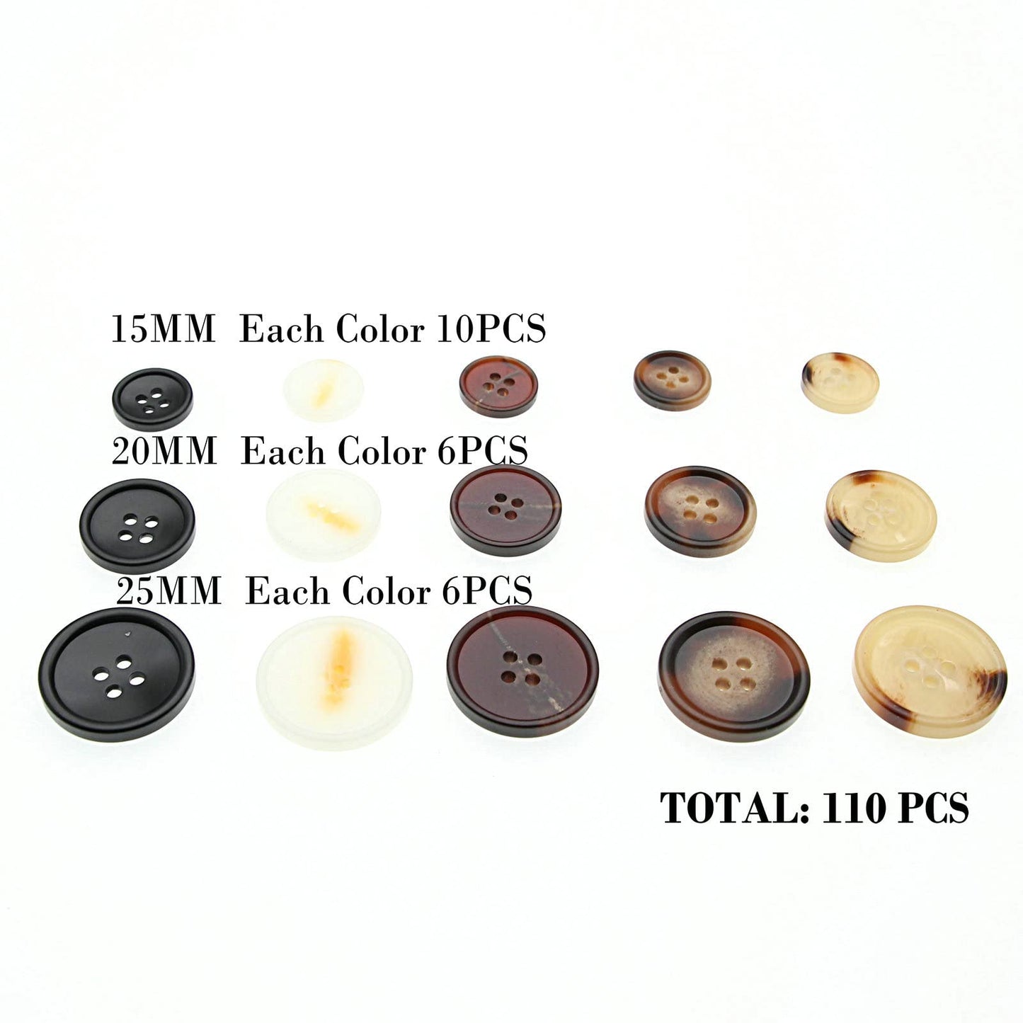 110 PCS Mixed Resin Sewing Buttons, Round Bulk Buttons for DIY Sewing Crafts,Coats,Suits, 5 Color 3 Size(15mm,20mm,25mm) SHUNLI