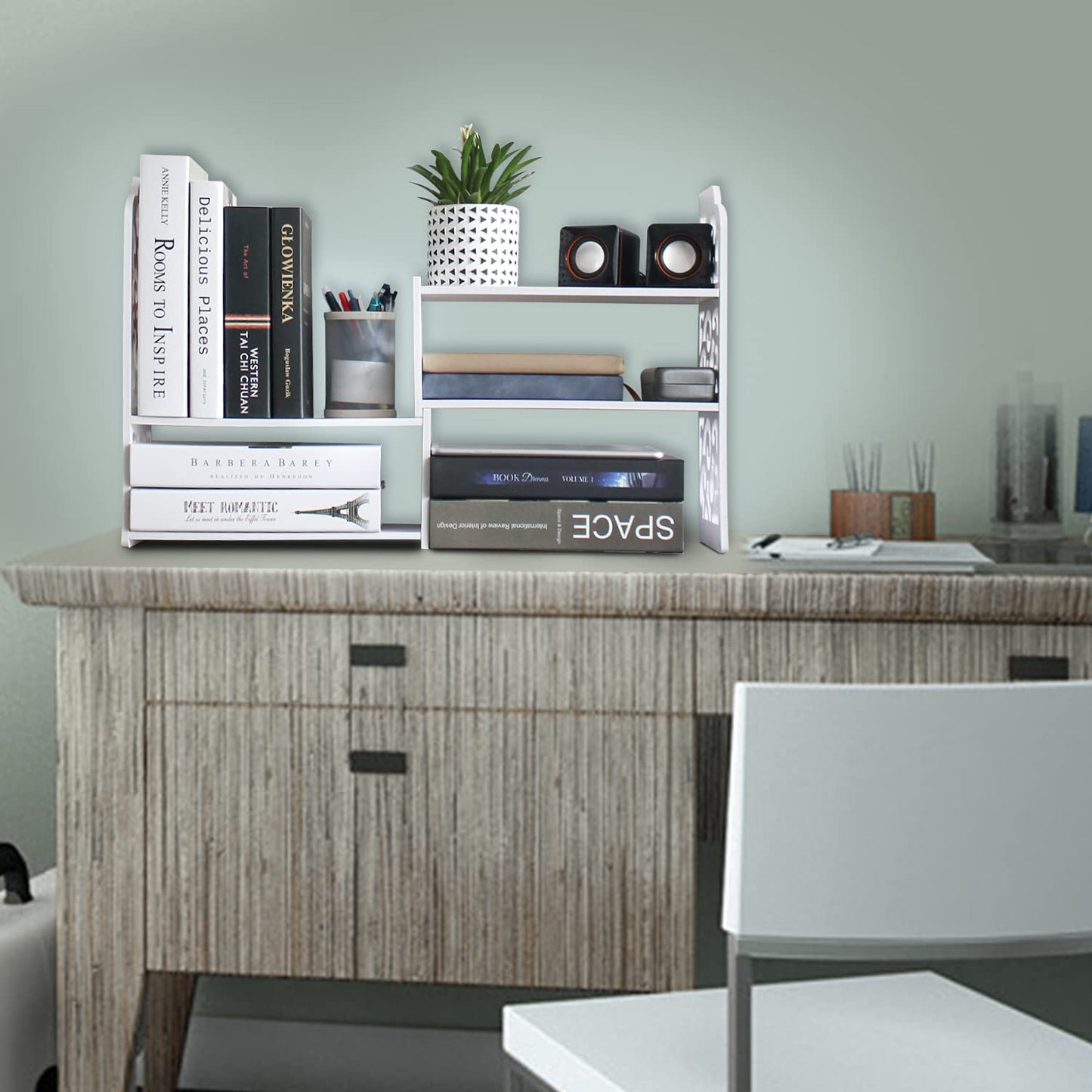 Small Bookshelf for Desktop Storage, Mini Cute Office Desk Shelves White Versatility Organizers for Women, Kids