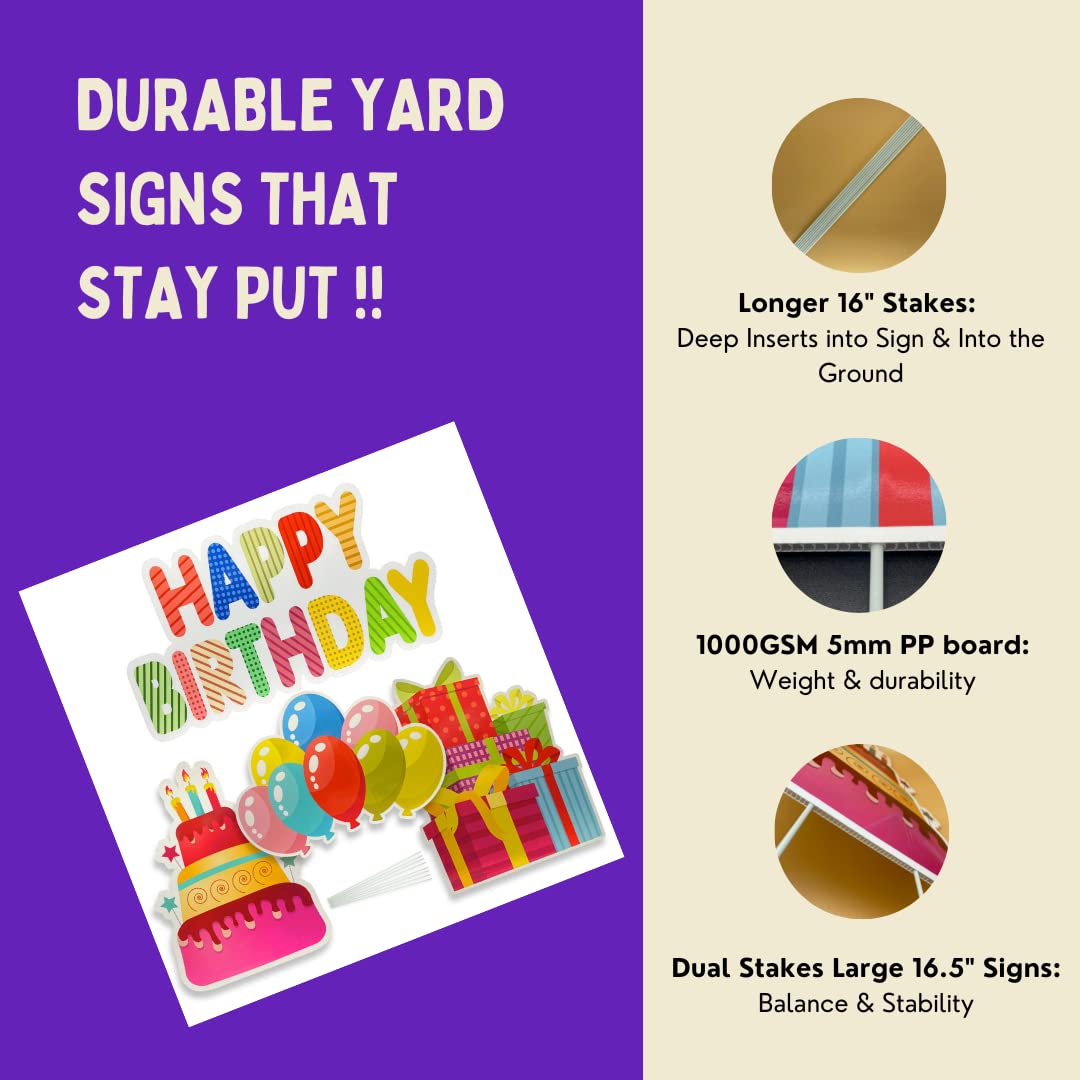 Yard Expressions 4pc Happy Birthday Yard Signs with Stakes - Easy to Install Happy Birthday Yard Sign - Large 16" Waterproof Birthday Sign Yard β Durable, Reusable & Colourful Happy Birthday Lawn Sign