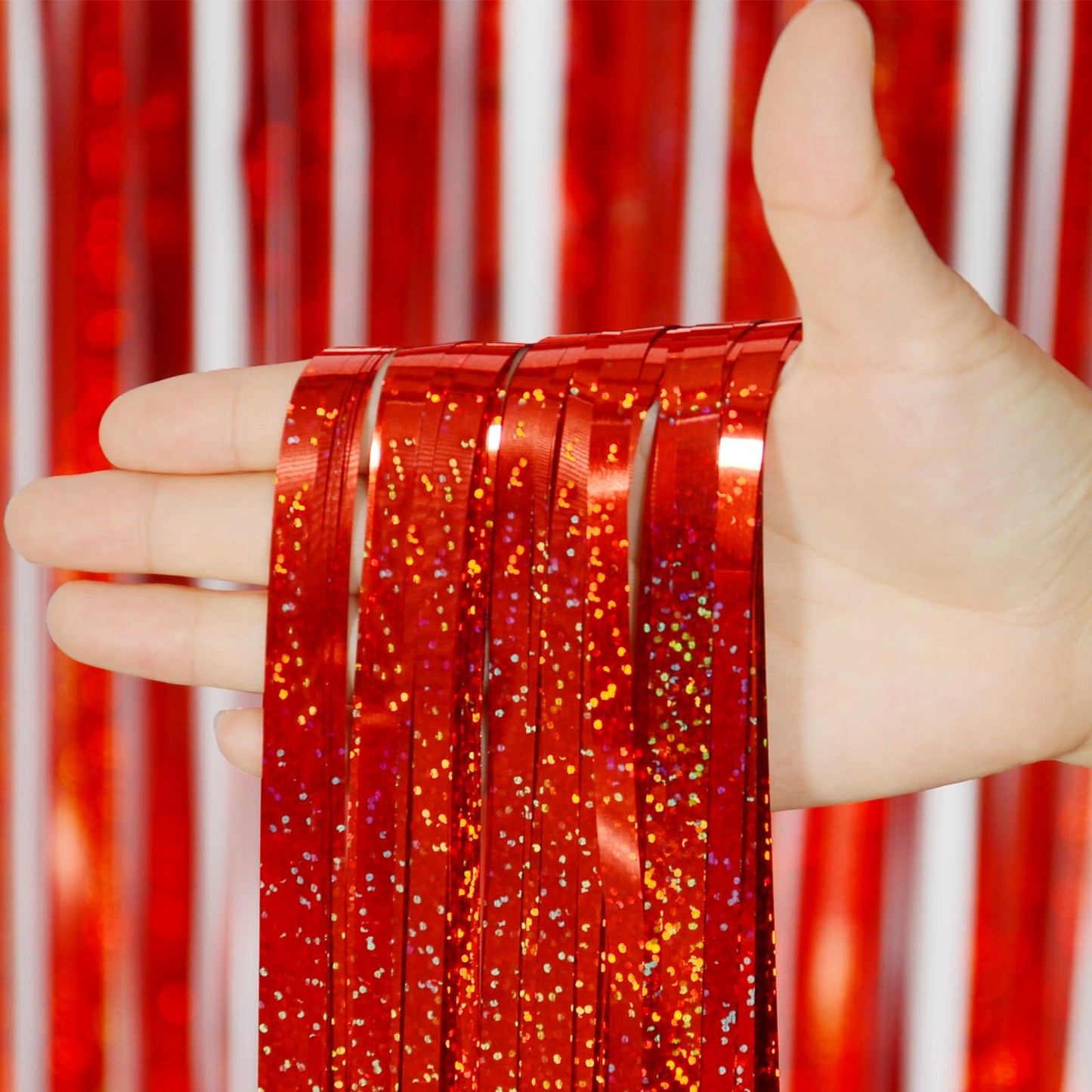 2 Pack Red Tinsel Foil Fringe Curtains Backdrop, Sparkle Tinsel Backdrop Curtains for Memorial Day Decorations Graduation Class of 2025 Birthday Party Decorations