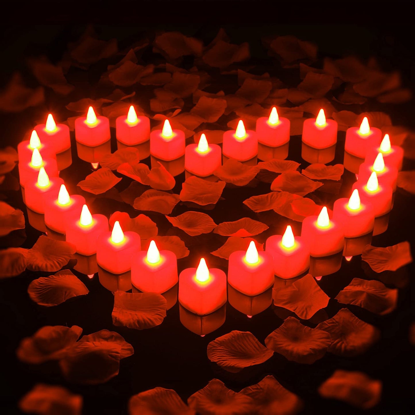 1000 Pieces Artificial Rose Petals with 24 Pcs Flameless Heart Shaped LED Tealights Candles Romantic Night Decorations for Wedding Anniversary Table Decor(Red)