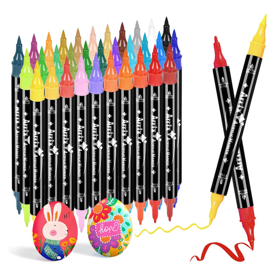 32 Colors Brush Tip and Fine Tip (Dual Tip) Paint Markers for Rock Painting, Water Based Acrylic Painting Supplies for Fabric Painting,Wood, Plastic, Canvas, Easter Egg