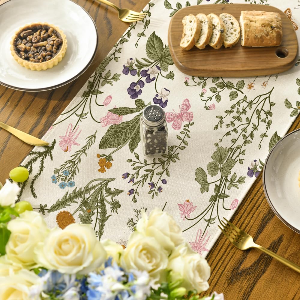 Wildflowers Floral Spring Table Runner, Seasonal Summer Butterfly Kitchen Dining Table Decoration for Home Party 13x72 Inch