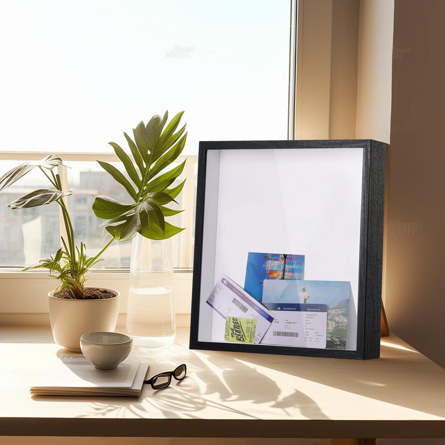 Travel Adventure Challenge Archive Shadow Box Picture Frame with Slot,8x8In Travel Ticket Card Memory Box for Keepsake Box, Top Loading Shadow Box Display Case Travel Decor Gift (Black,8x8)