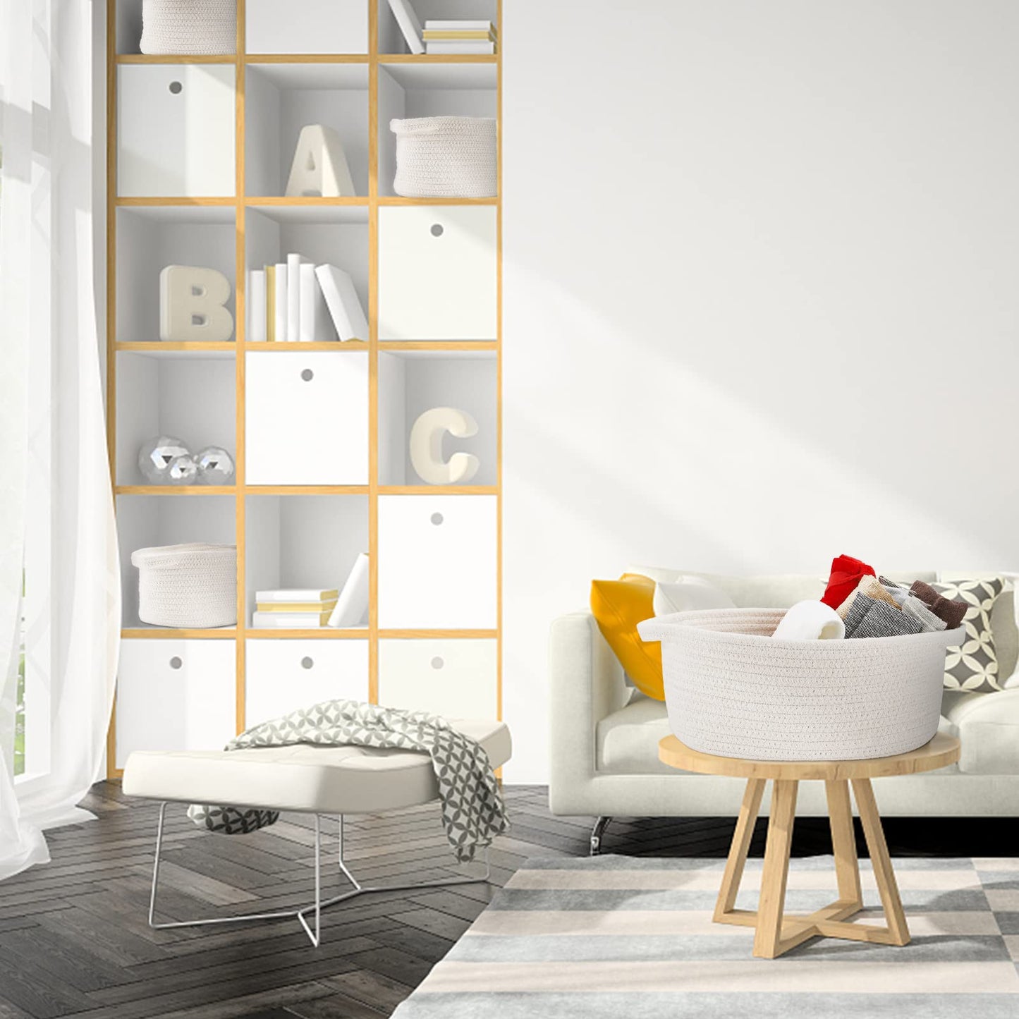 Small Baskets with Handles - Decorative Durable Rope Woven Shelf Storage Organizer Bin, Gift Basket for Mother's Day Easter Baby Shower, 12"x8"x5", White