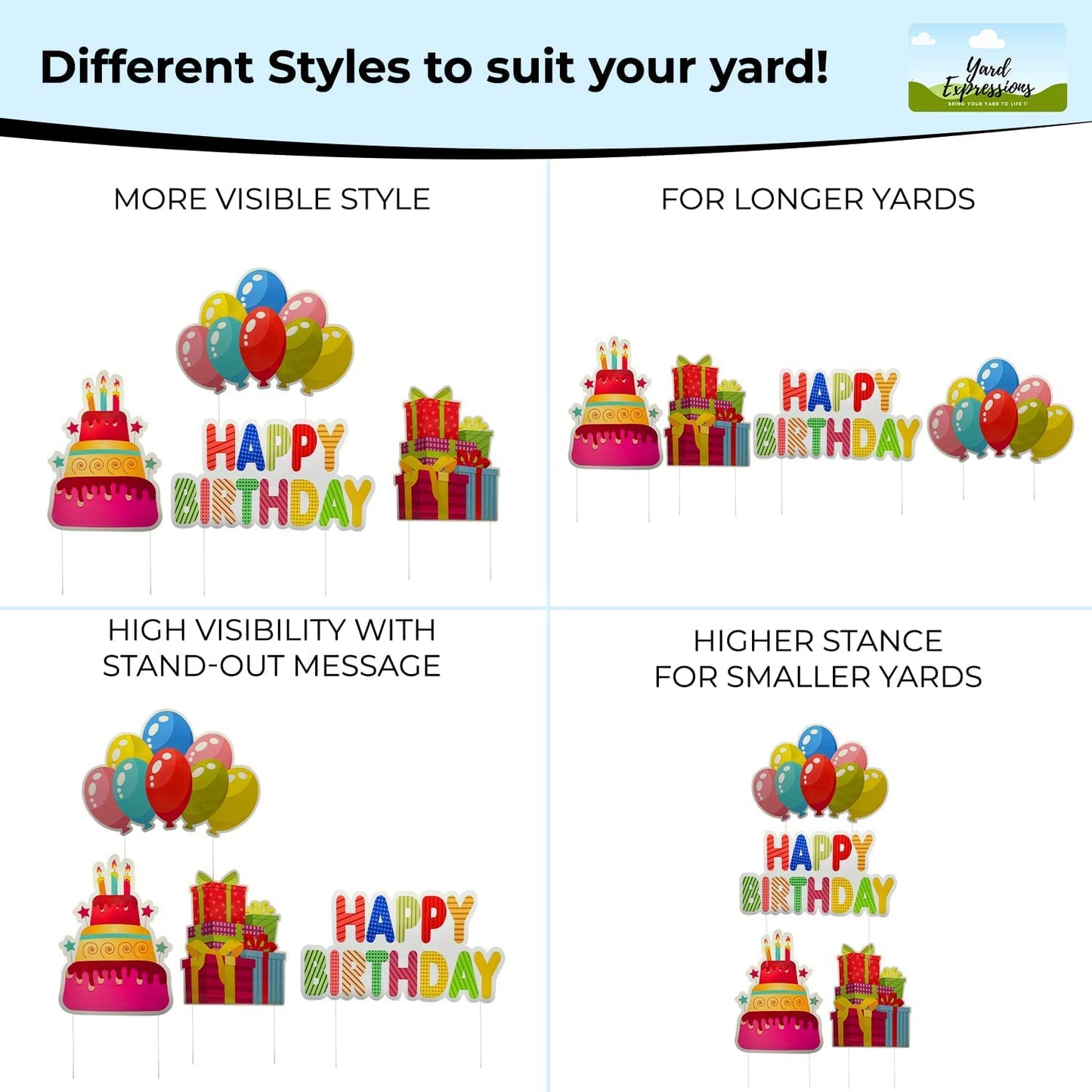 Yard Expressions 4pc Happy Birthday Yard Signs with Stakes - Easy to Install Happy Birthday Yard Sign - Large 16" Waterproof Birthday Sign Yard β Durable, Reusable & Colourful Happy Birthday Lawn Sign