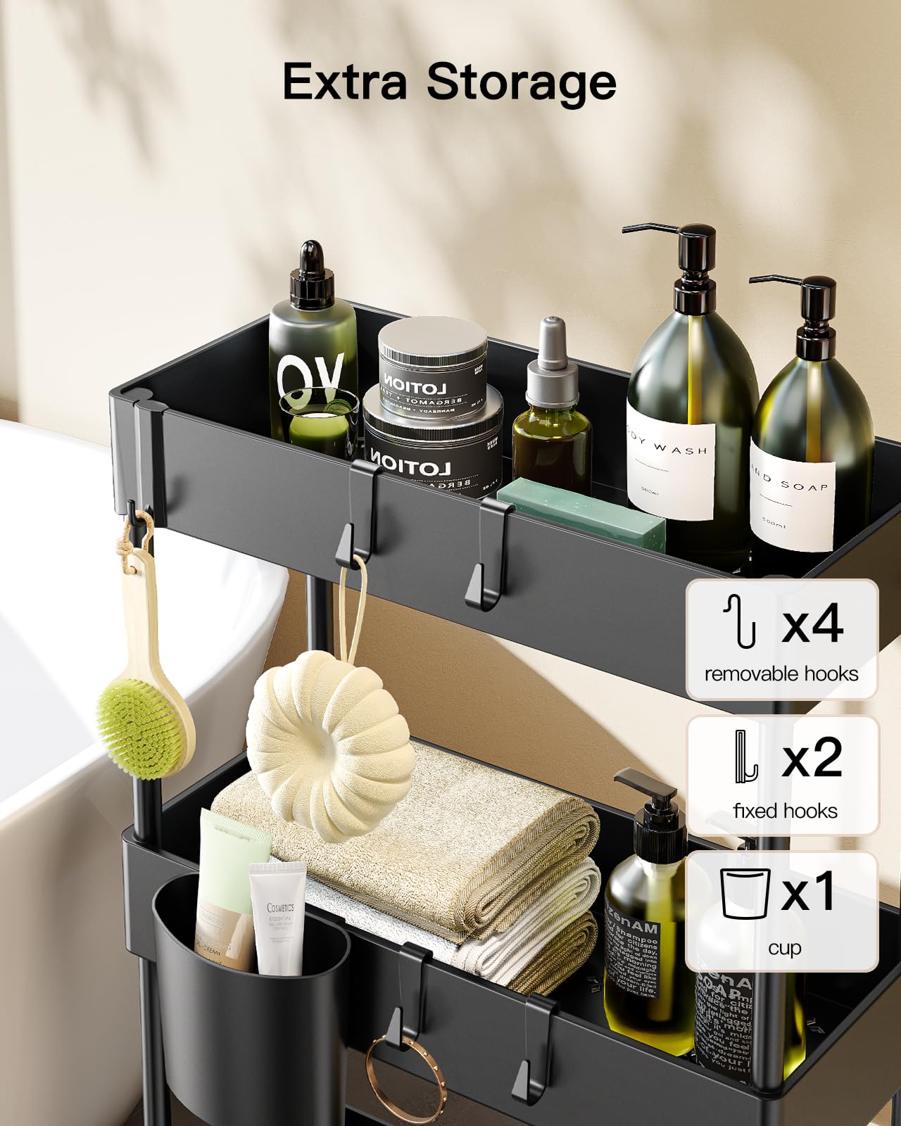 Slim Storage Cart with Wheels, Bathroom Cart Organizer Bathroom Storage Small, Rolling Cart for Bathroom, Laundry Room, Kitchen, Narrow Space, Black PIUC04