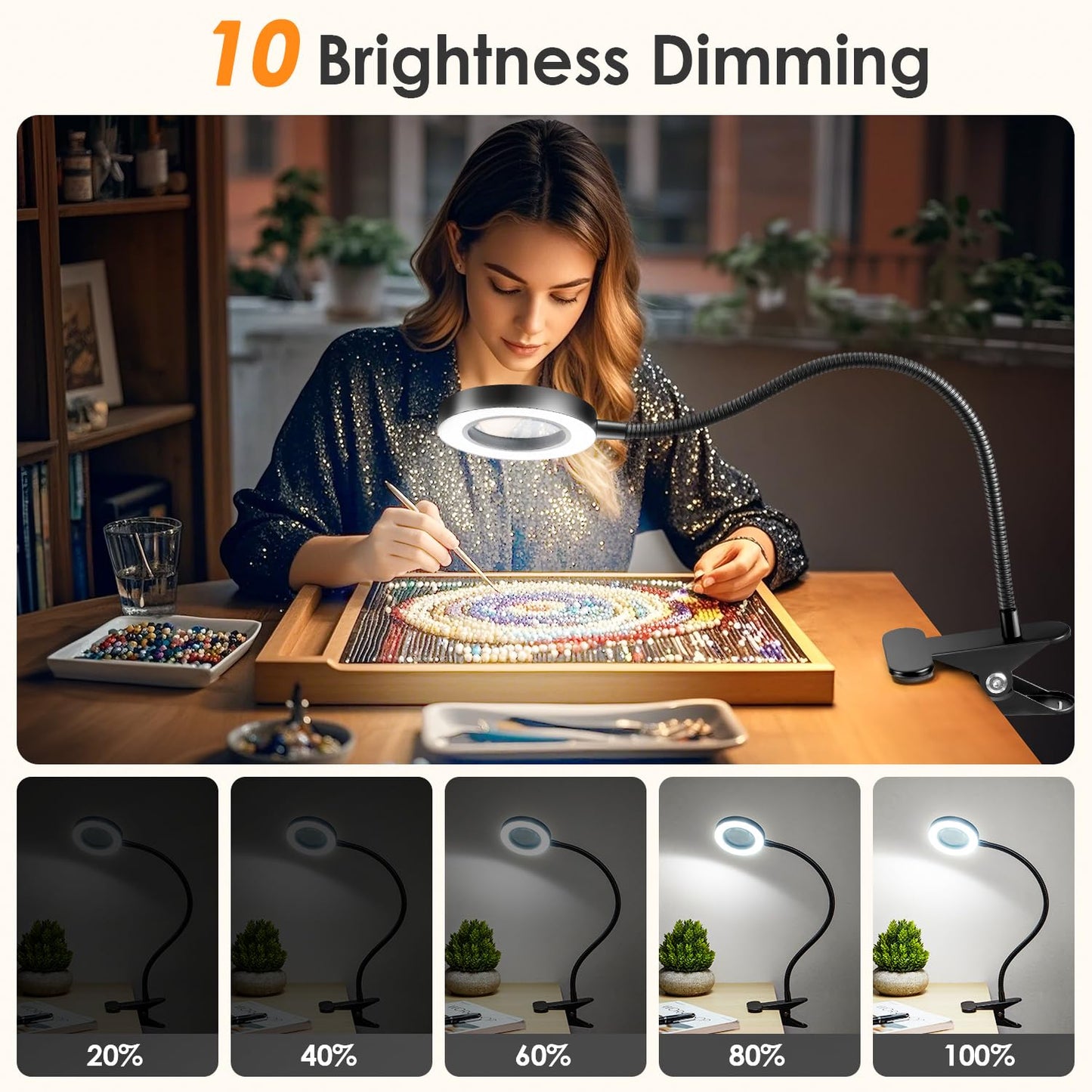 Magnifying Glass with Light 5X, 9w Clip on Light, 48 LED Desk Lamp wtih Clamp Light, 3 Modes Dimmable Magnifying LED Lamps for Bed Work Crafts Workbench